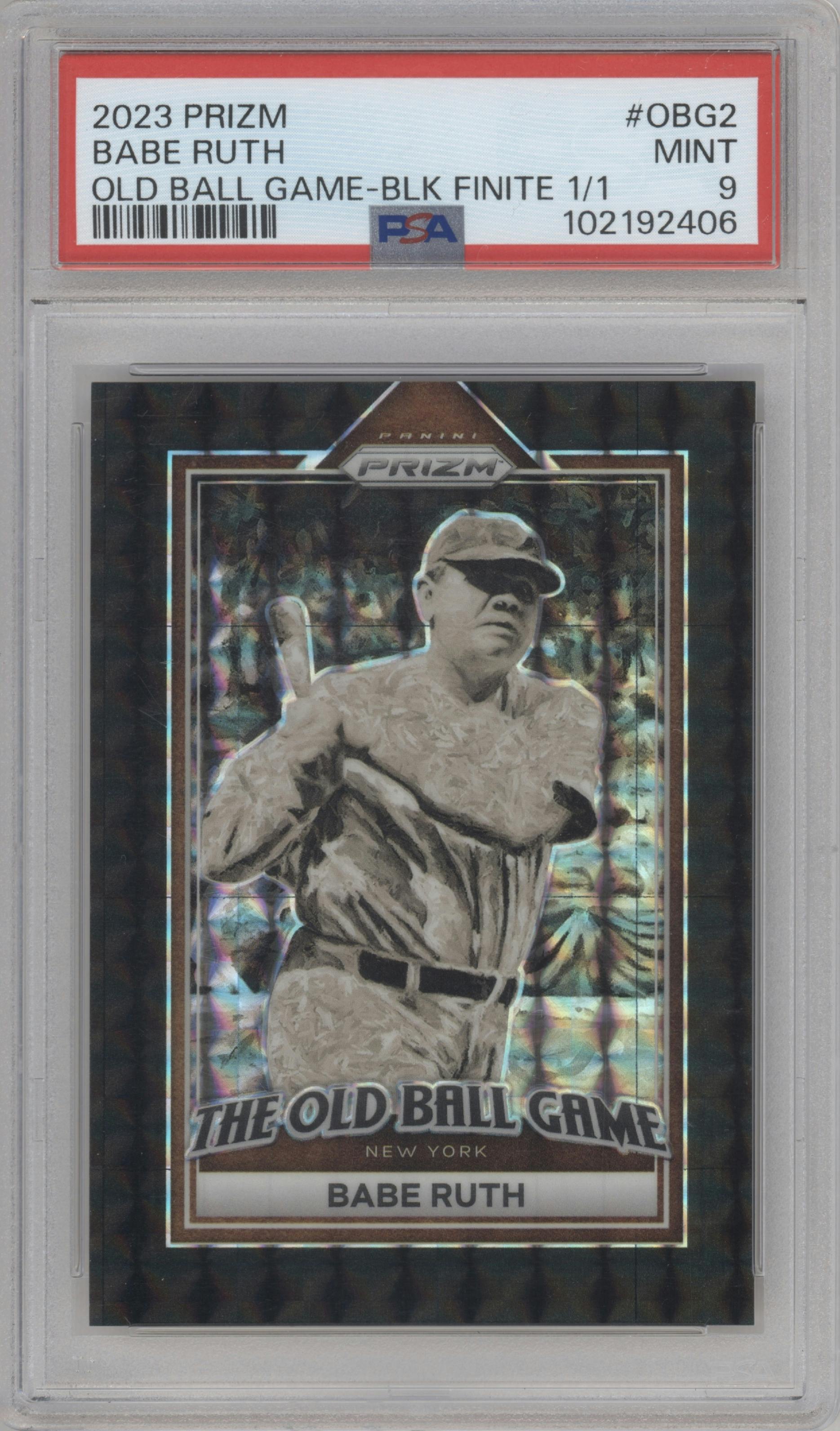 Babe Ruth from the 2023 Panini Prizm set featuring a Black Finite parallel graded by PSA and given an overall grade of 9.
