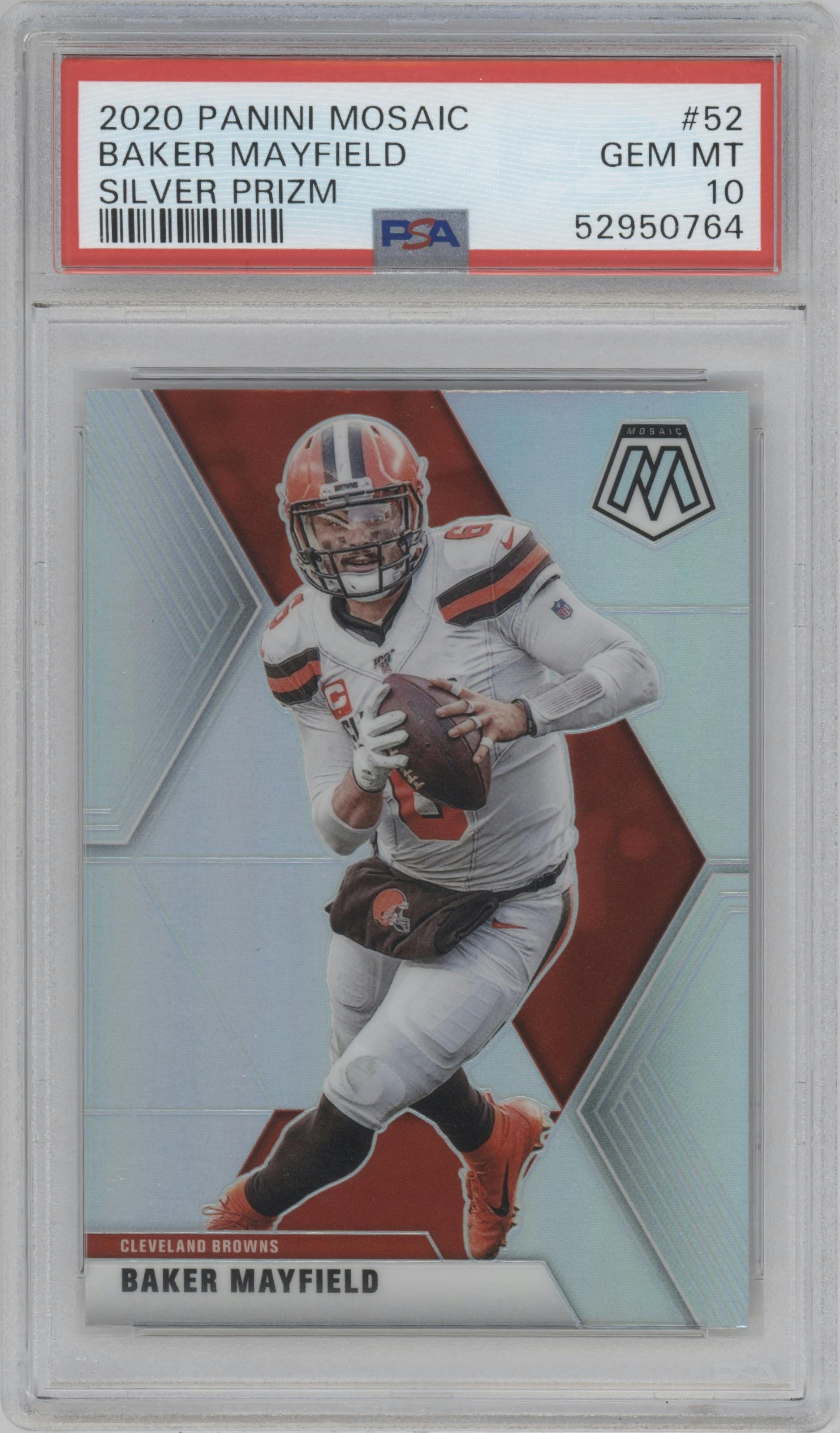 Baker Mayfield from the 2020 Panini Mosaic set featuring a Silver parallel graded by PSA and given an overall grade of 10.