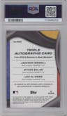Jackson Merrill / Ethan Salas / Leo De Vries from the 2024 Bowman's Best set featuring a Orange Refractors parallel graded by PSA and given an overall grade of 10.