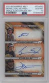 Jackson Merrill / Ethan Salas / Leo De Vries from the 2024 Bowman's Best set featuring a Orange Refractors parallel graded by PSA and given an overall grade of 10.