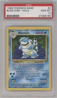 Blastoise from the 1999 Pokemon set graded by PSA and given an overall grade of 10.