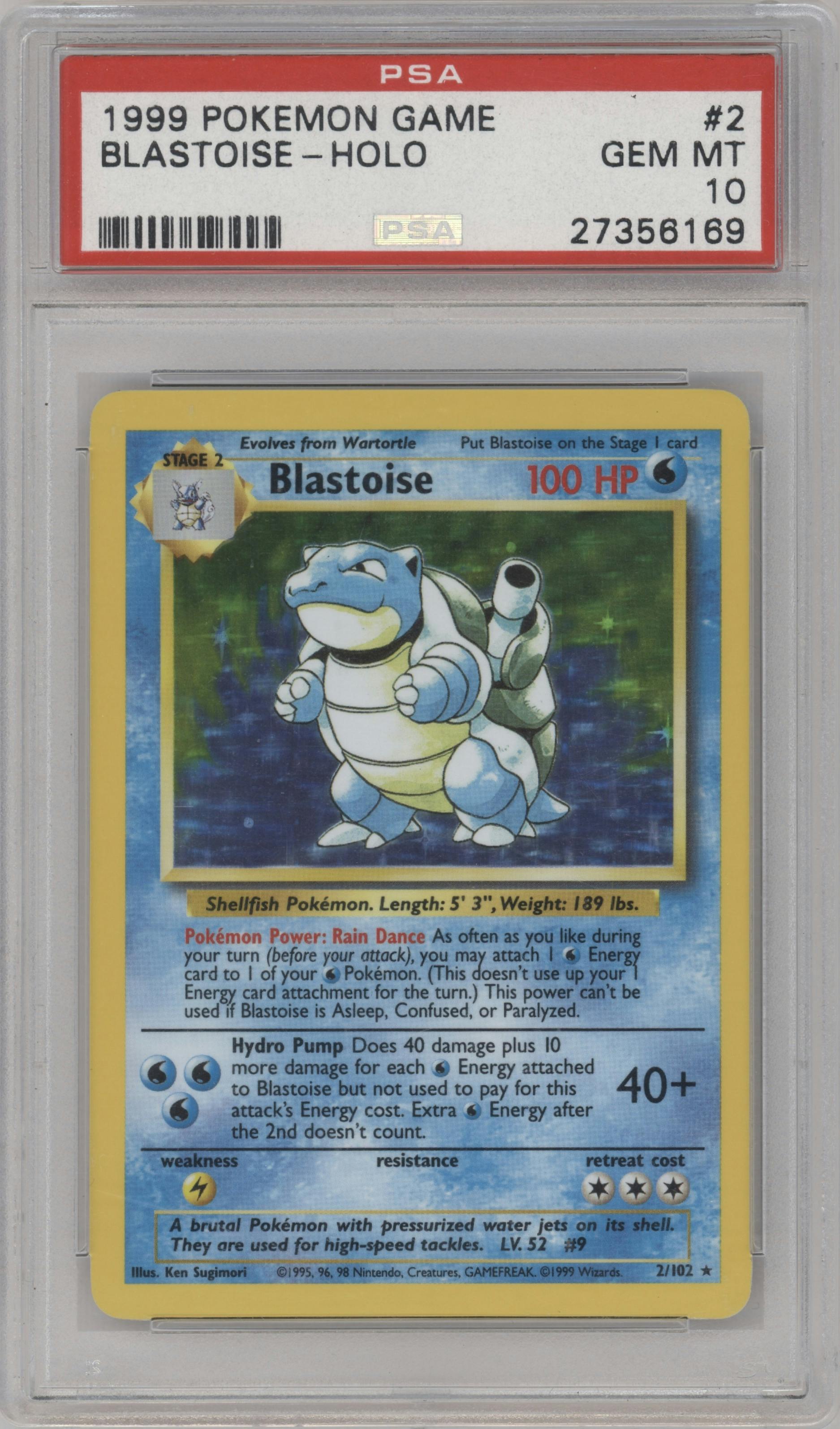 Blastoise from the 1999 Pokemon set graded by PSA and given an overall grade of 10.