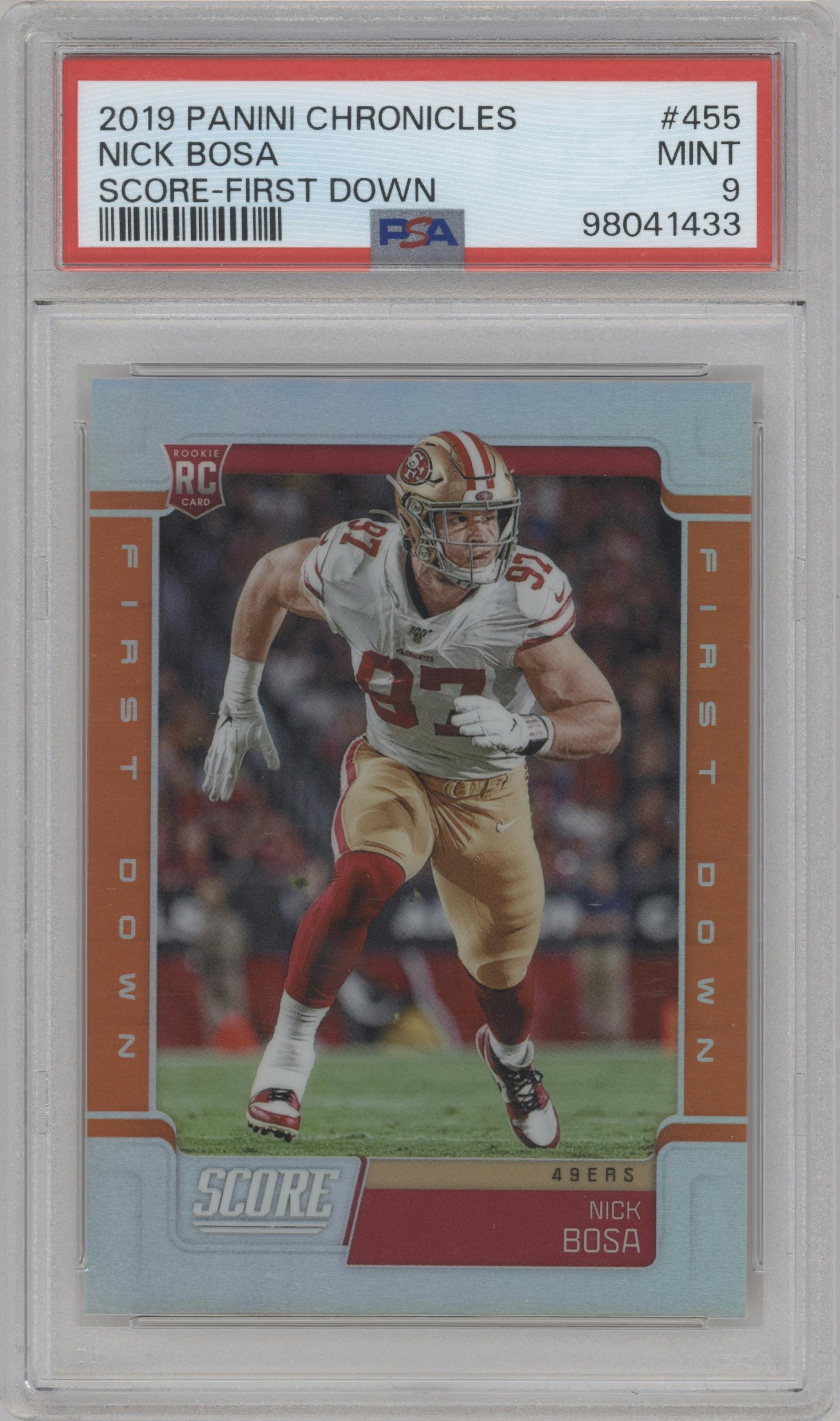 Nick Bosa from the 2019 Panini Chronicles set featuring a First Down parallel graded by PSA and given an overall grade of 9.