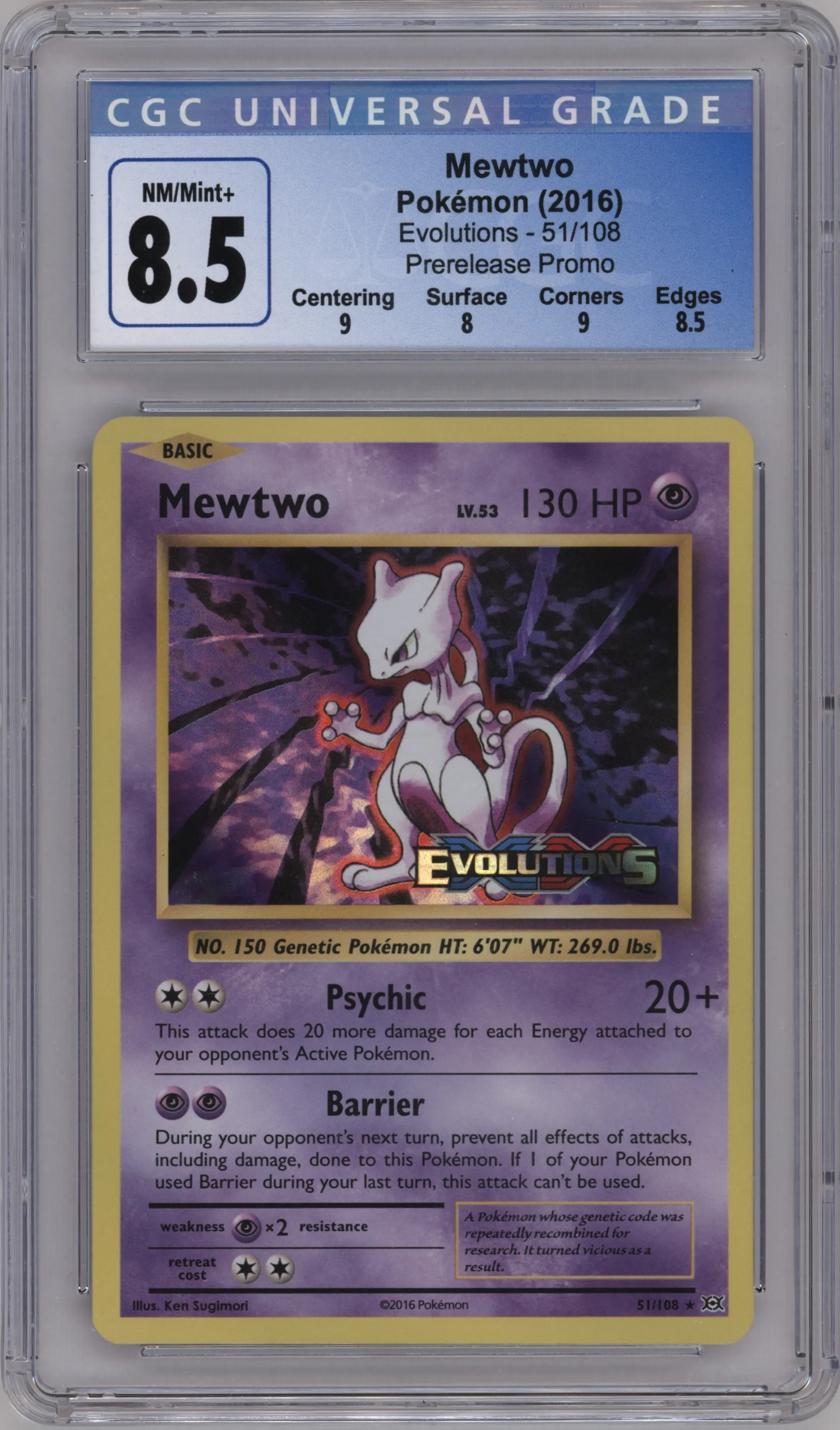 2016 Pokemon XY Evolutions Mewtwo Pre-Release #51 CGC 8.5