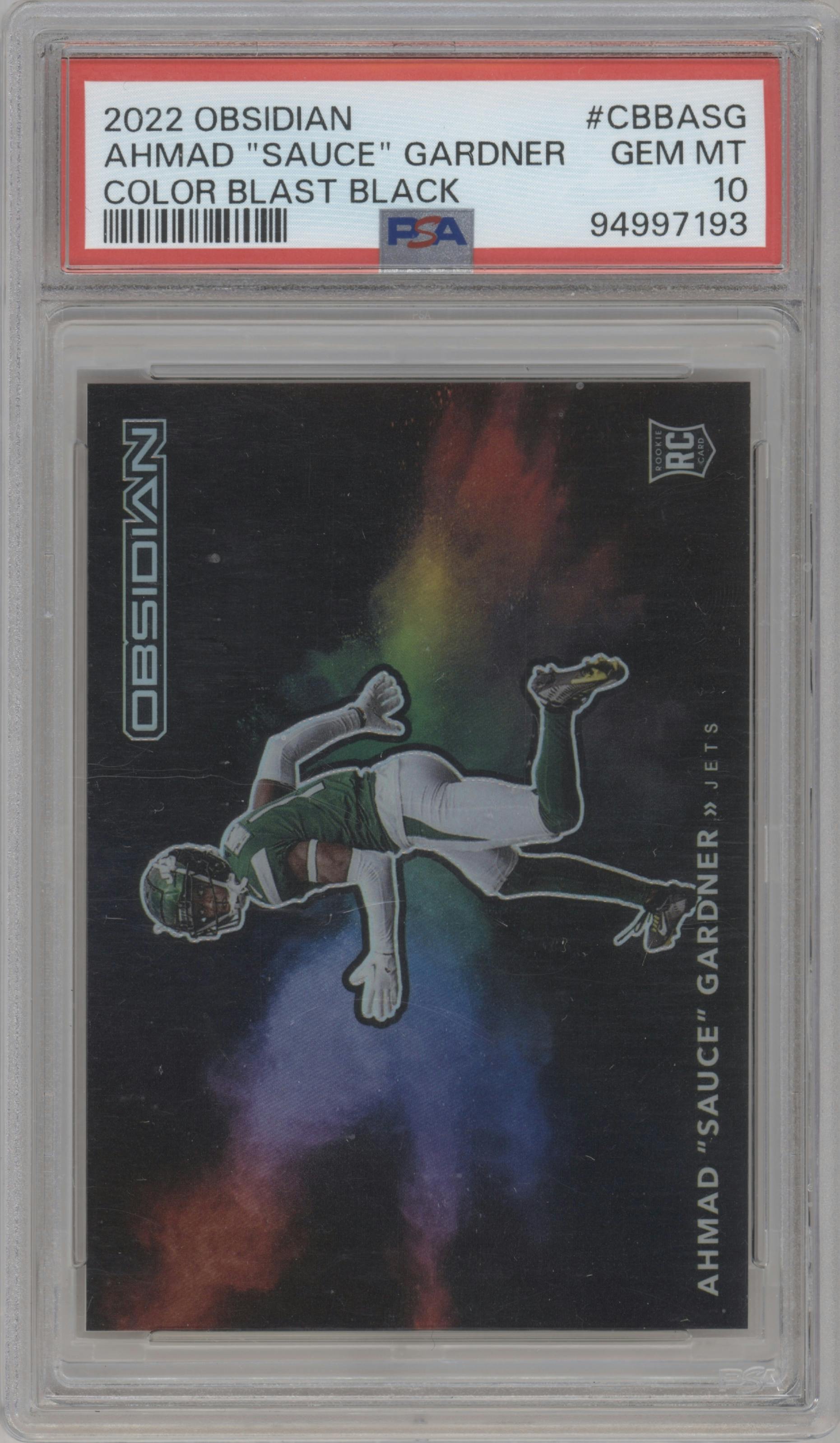  Ahmad "Sauce" Gardner  from the 2022 Panini Obsidian set graded by PSA and given an overall grade of 10.