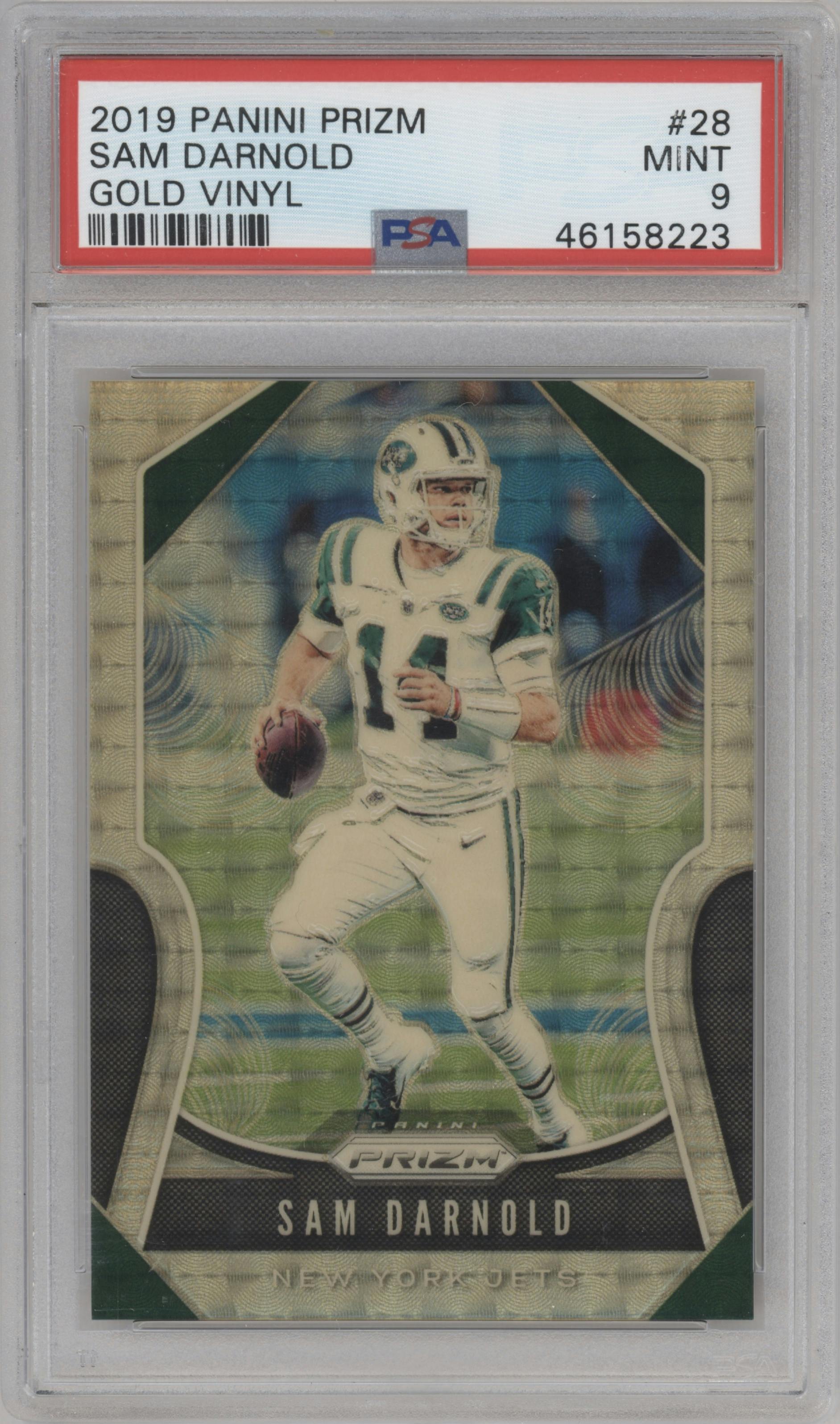 Sam Darnold from the 2019 Panini Prizm set featuring a Gold Vinyl Prizms parallel graded by PSA and given an overall grade of 9.