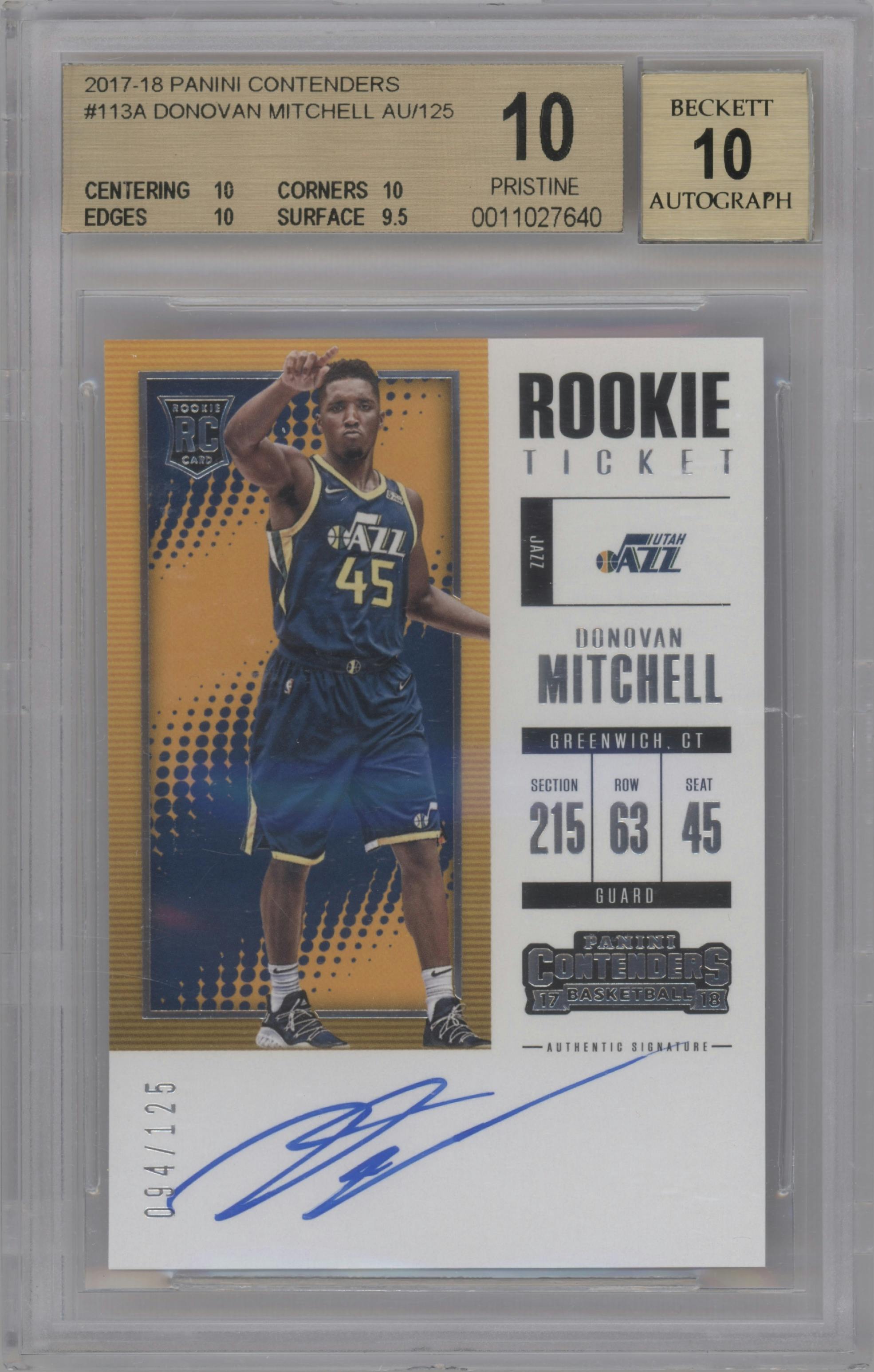 Donovan Mitchell from the 2017-18 Panini Contenders set graded by Beckett and given an overall grade of 10.