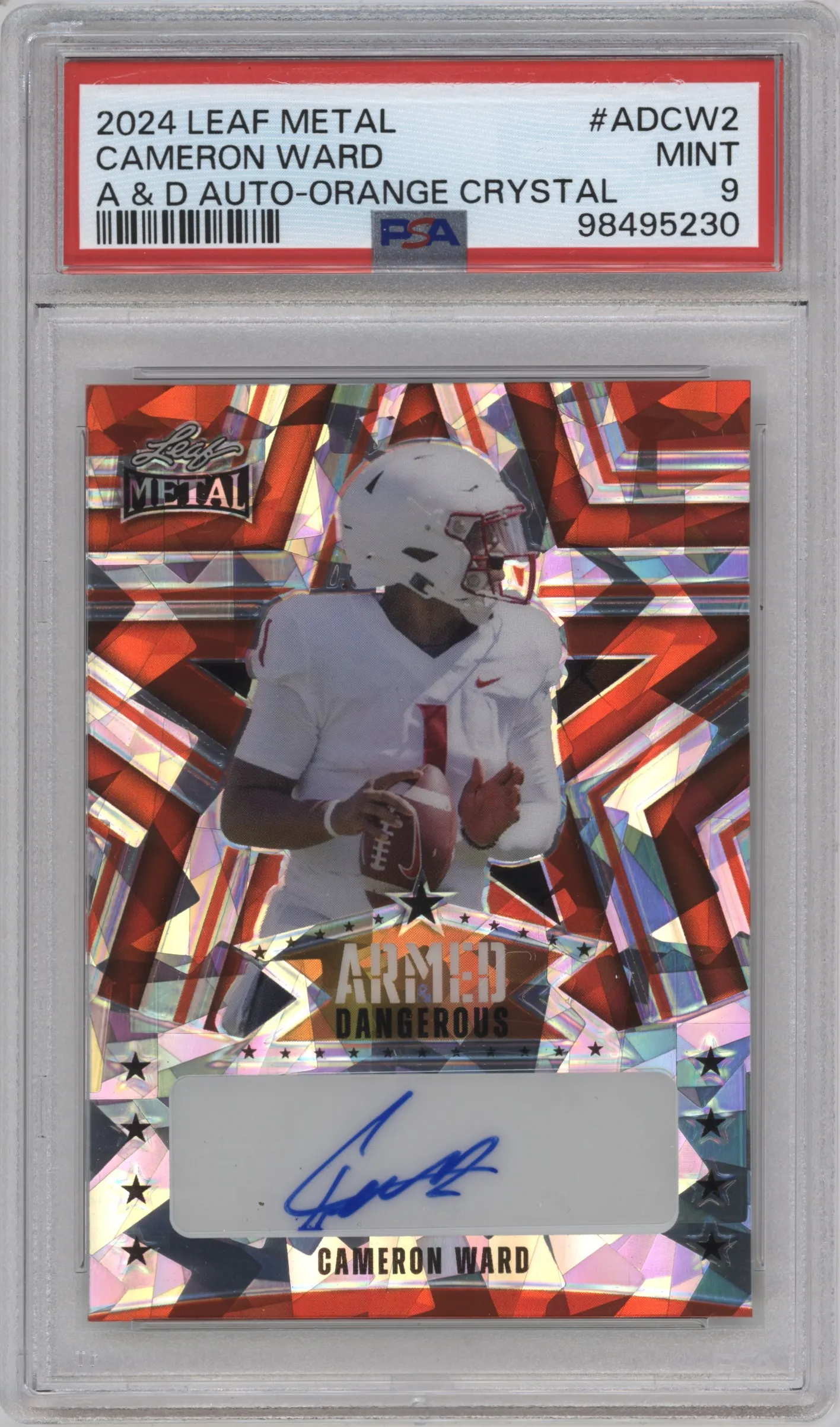 2024 Leaf Metal Armed & Dngrs Auto Cameron Ward Orange Crystal PSA 9