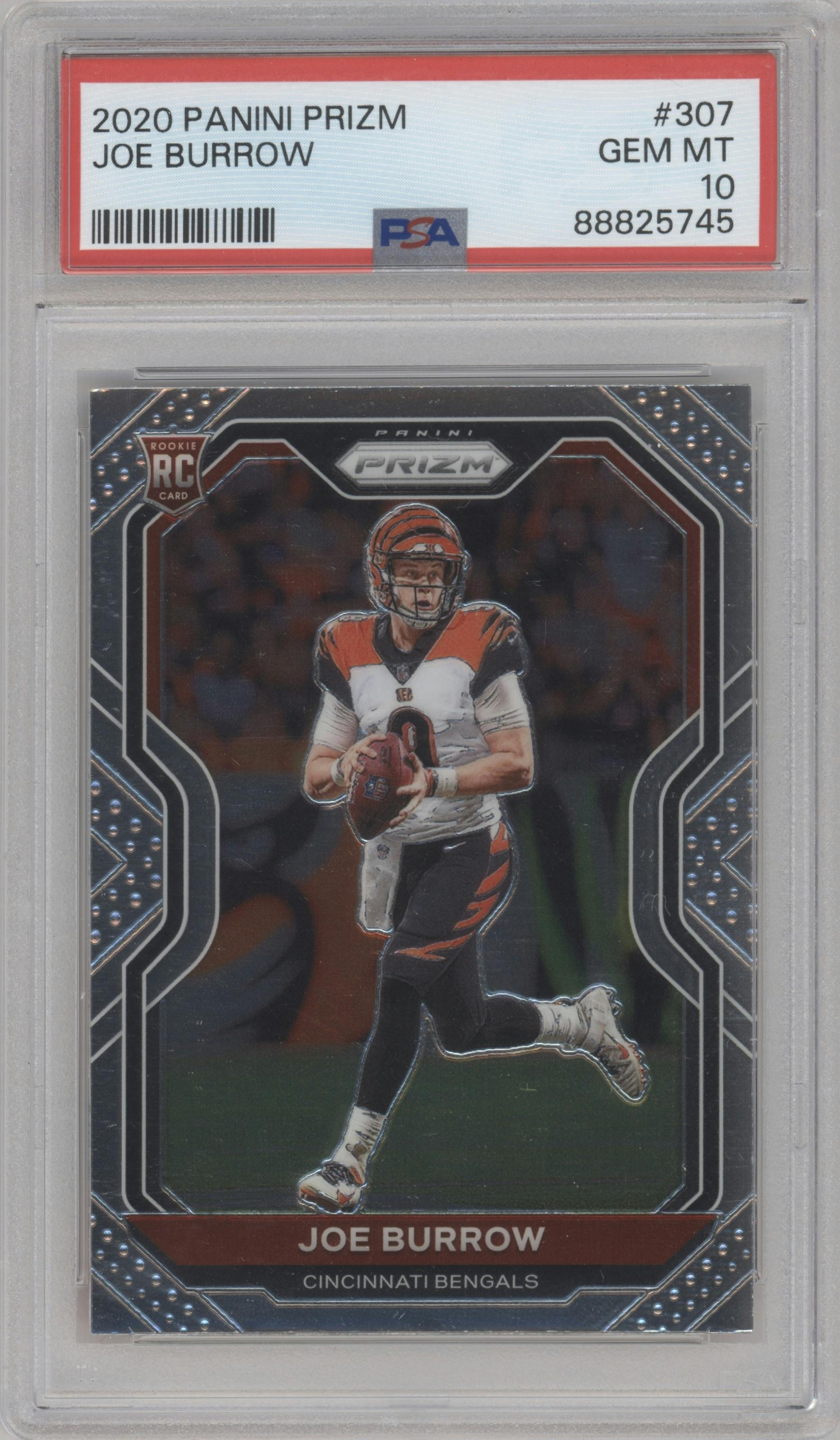 Joe Burrow from the 2020 Panini Prizm set graded by PSA and given an overall grade of 10.
