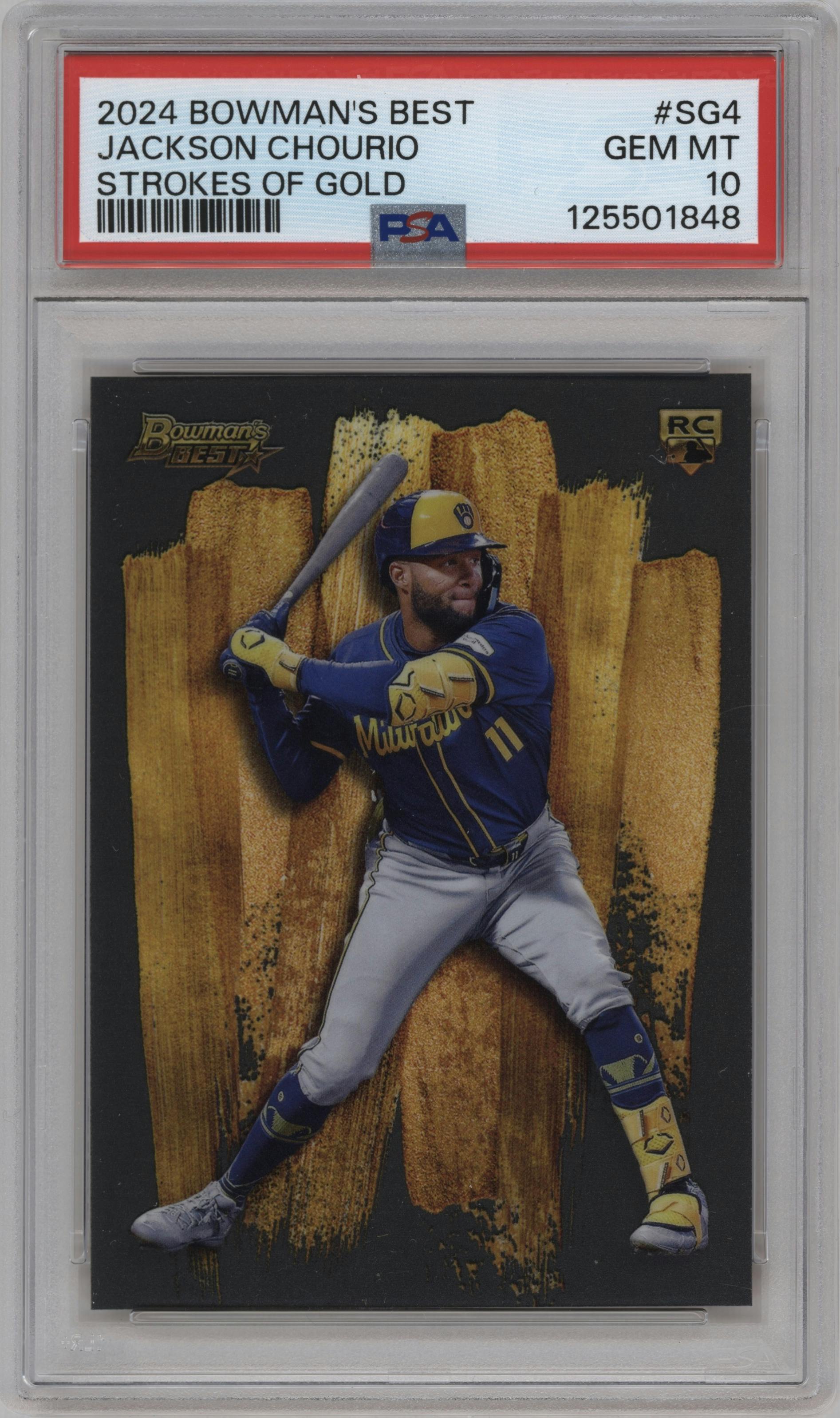 Jackson Chourio from the 2024 Bowman's Best set graded by PSA and given an overall grade of 10.
