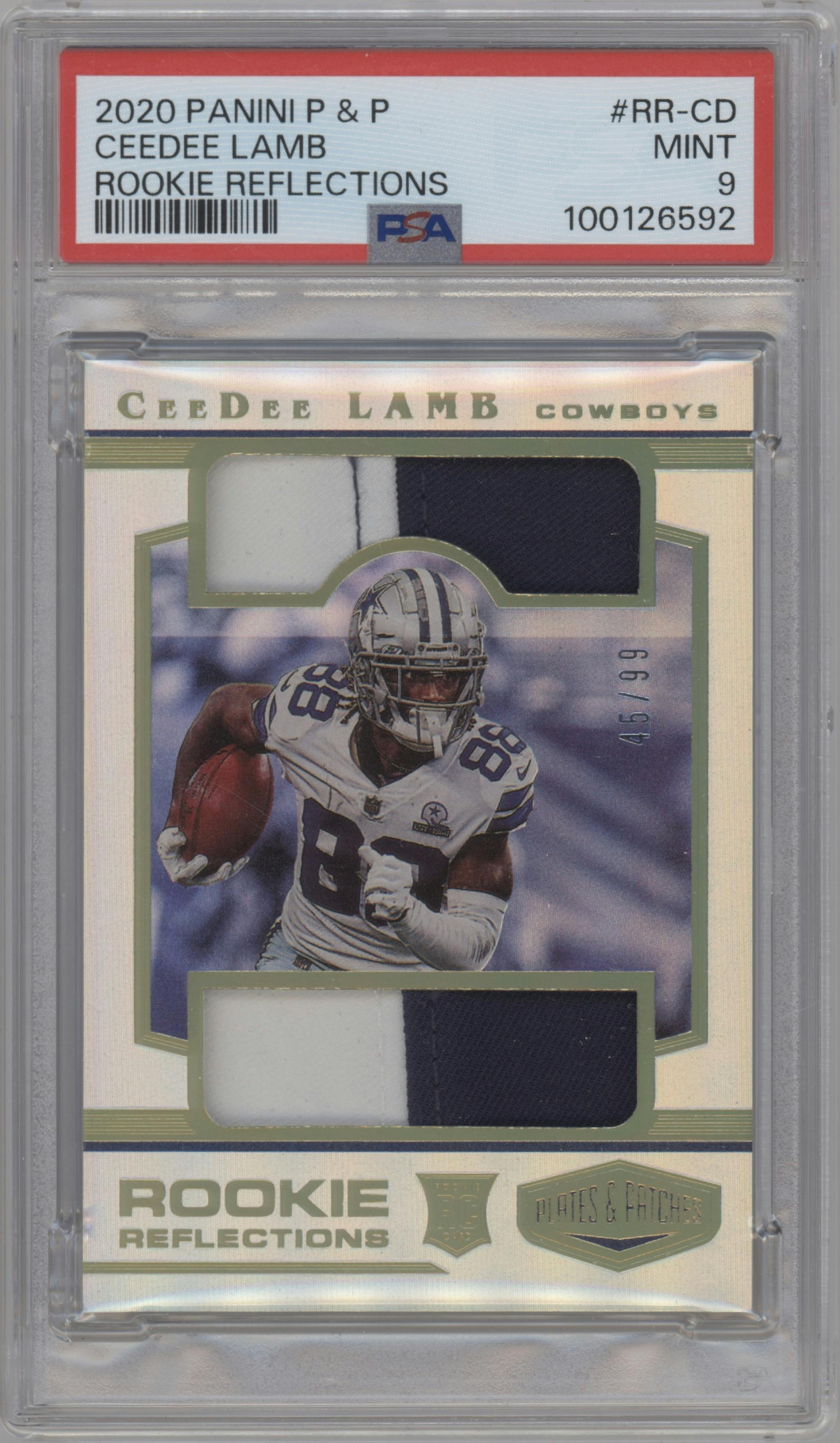 CeeDee Lamb from the 2020 Panini Plates & Patches set graded by PSA and given an overall grade of 9.