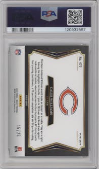Caleb Williams from the 2024 Panini Select set featuring a Tie-Dye parallel graded by PSA and given an overall grade of 10.