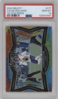 Caleb Williams from the 2024 Panini Select set featuring a Tie-Dye parallel graded by PSA and given an overall grade of 10.