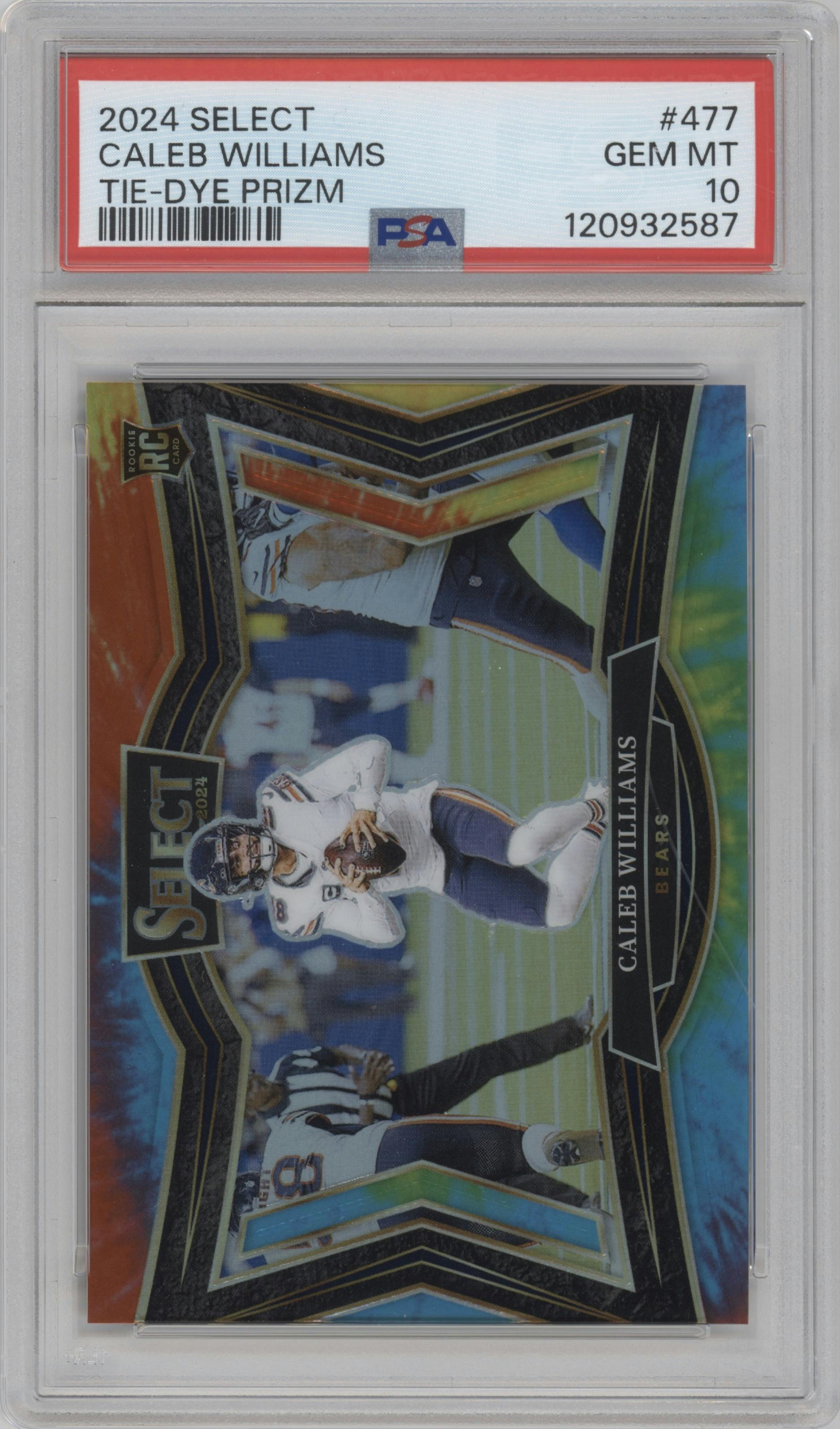 Caleb Williams from the 2024 Panini Select set featuring a Tie-Dye parallel graded by PSA and given an overall grade of 10.