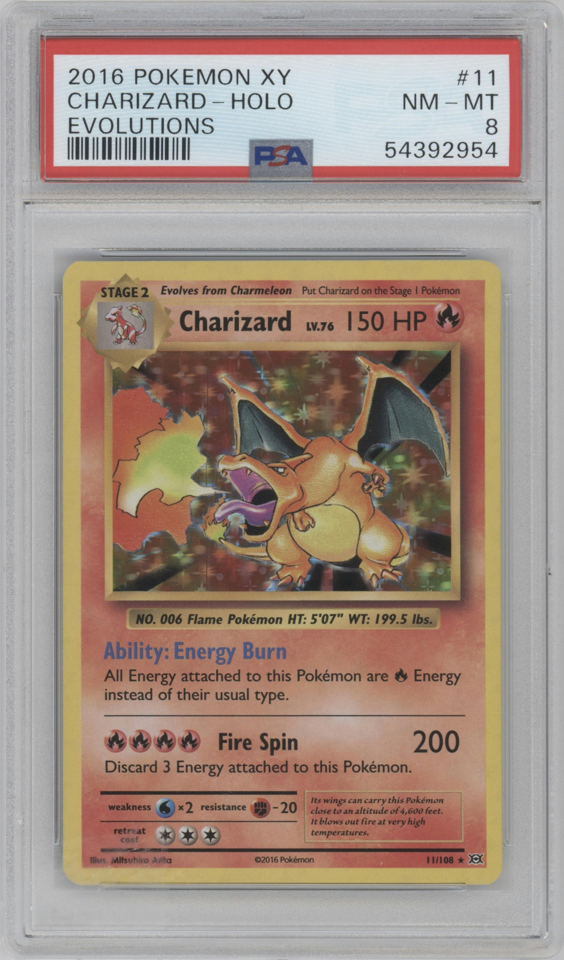 Charizard  from the 2016 Pokemon XY set graded by PSA and given an overall grade of 8.