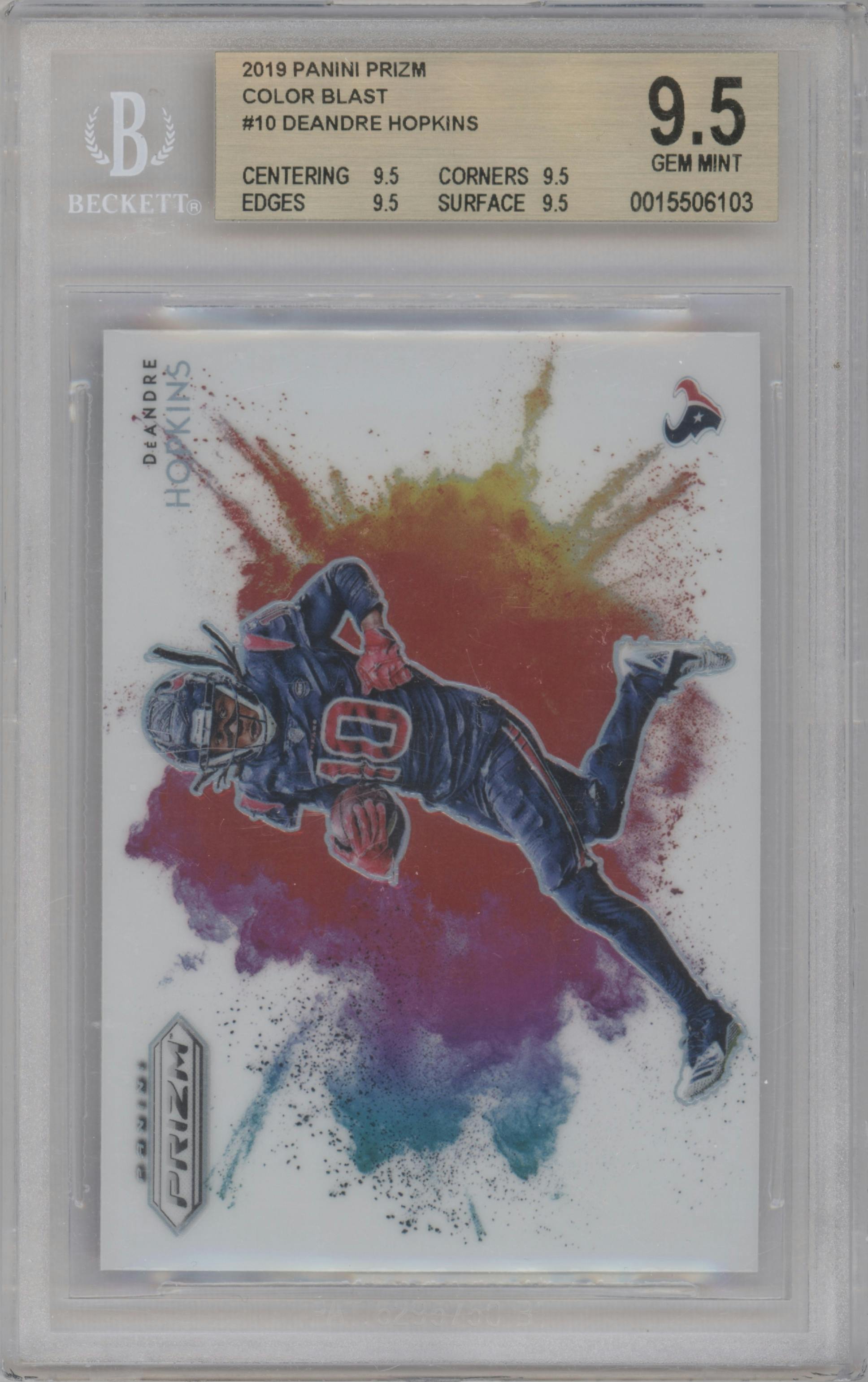 DeAndre Hopkins from the 2019 Panini Prizm set graded by Beckett and given an overall grade of 9.5.