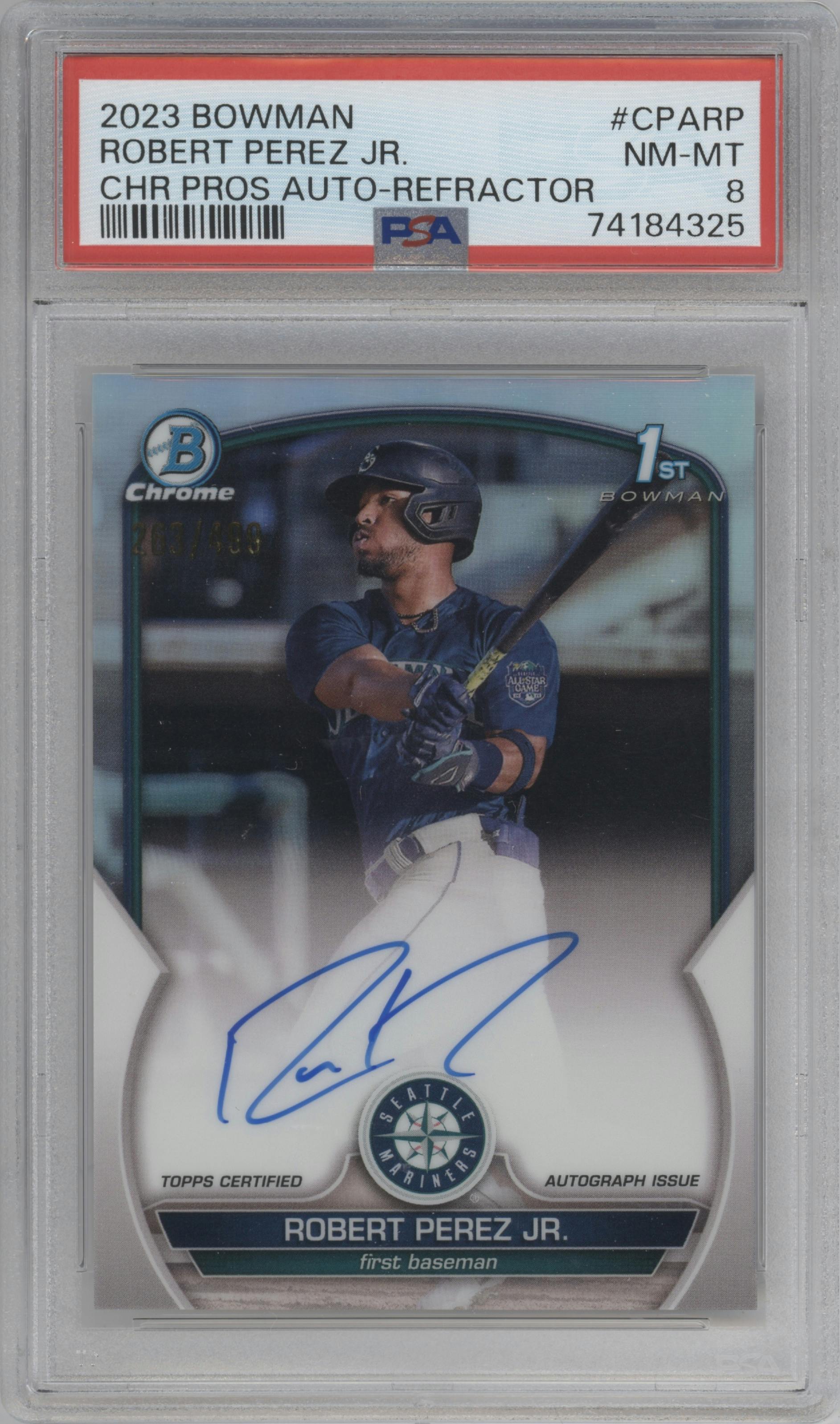 Robert Perez Jr. from the 2023 Bowman  set featuring a Refractor parallel graded by PSA and given an overall grade of 8.