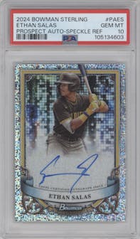 Ethan Salas from the 2024 Bowman Sterling set featuring a Speckle Refractor parallel graded by PSA and given an overall grade of 10.