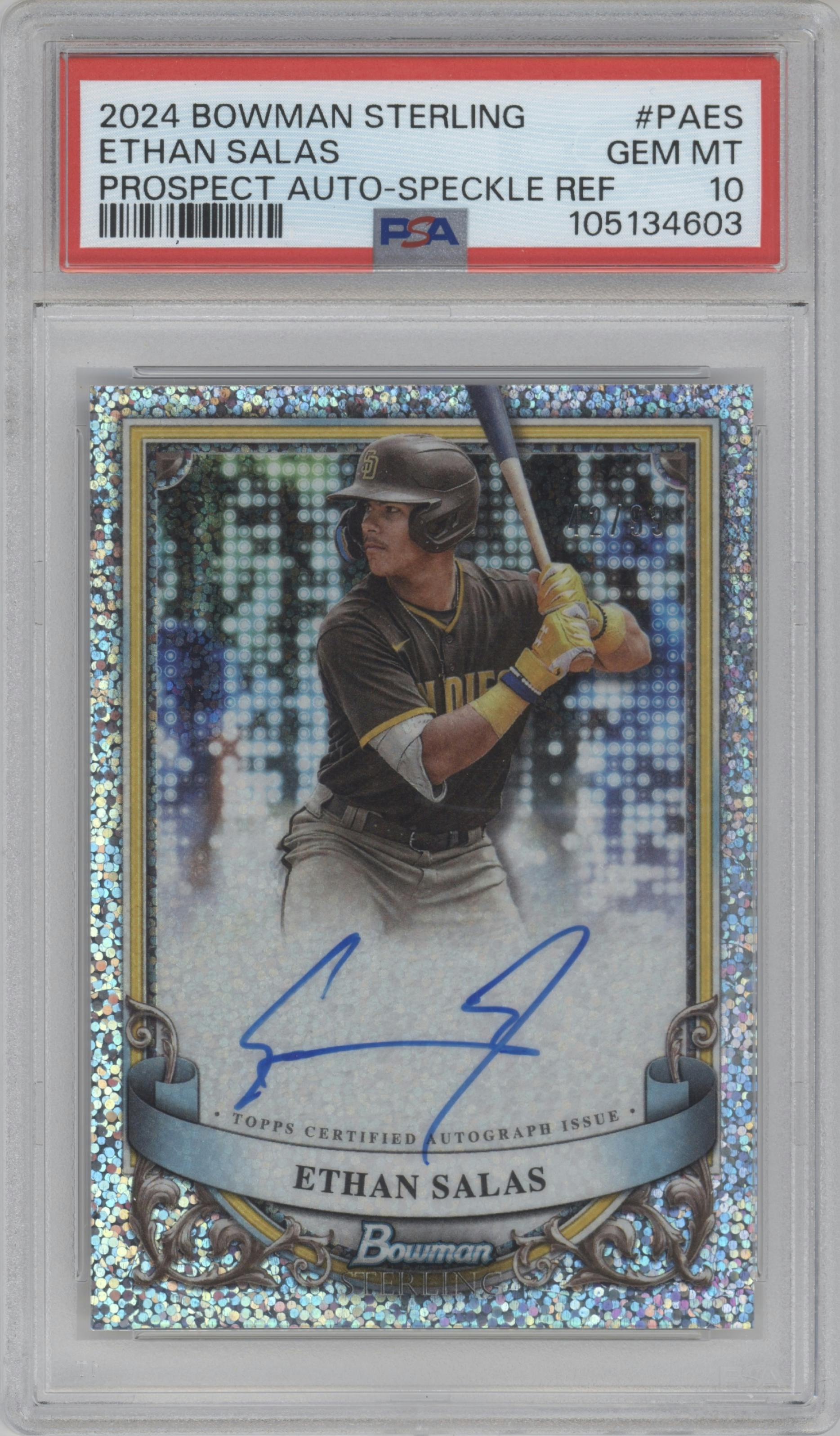 Ethan Salas from the 2024 Bowman Sterling set featuring a Speckle Refractor parallel graded by PSA and given an overall grade of 10.
