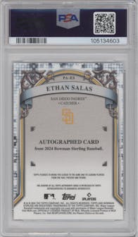 Ethan Salas from the 2024 Bowman Sterling set featuring a Speckle Refractor parallel graded by PSA and given an overall grade of 10.