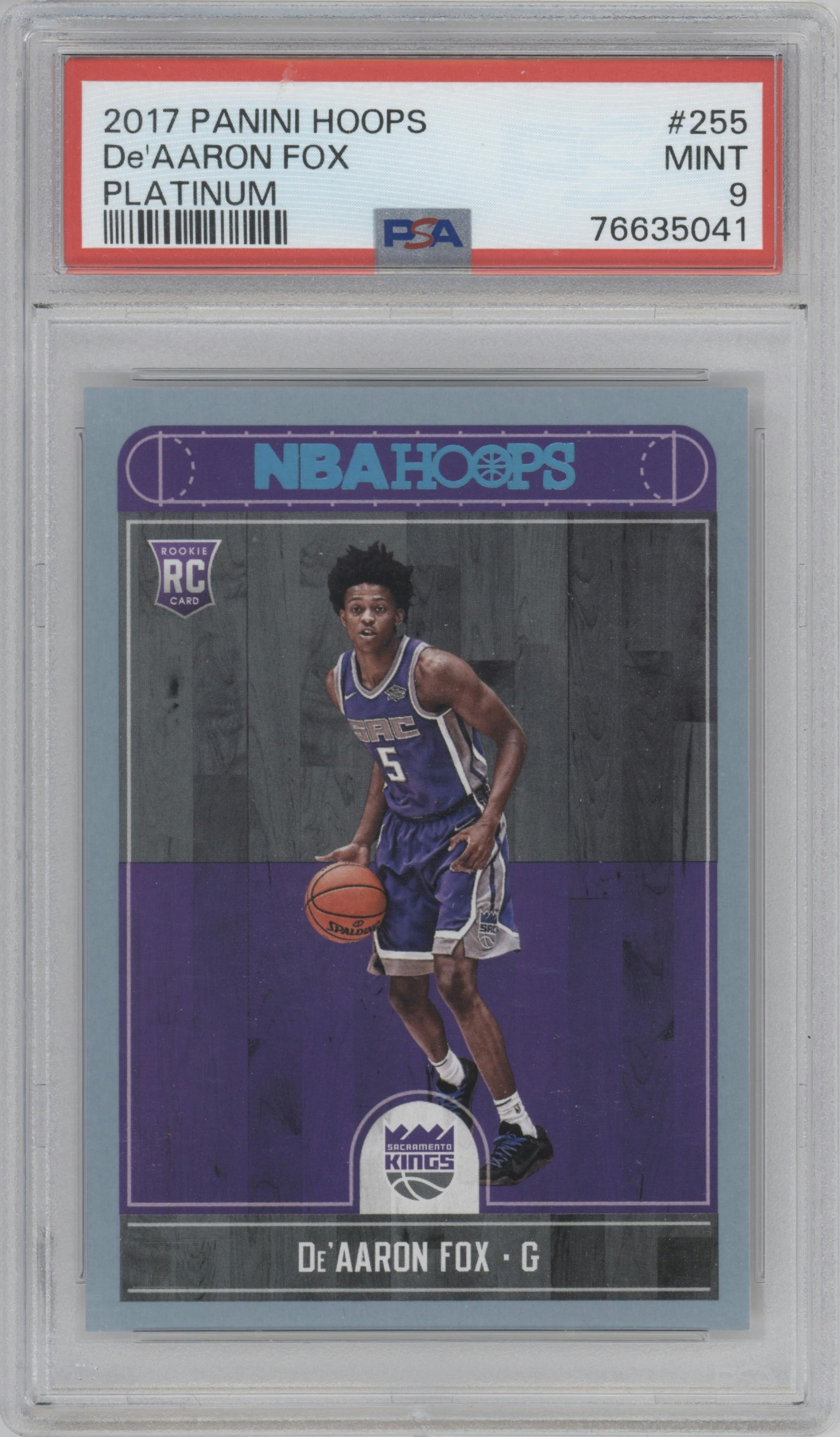 De'Aaron Fox from the 2017-18 Panini NBA Hoops set featuring a Platinum parallel graded by PSA and given an overall grade of 9.
