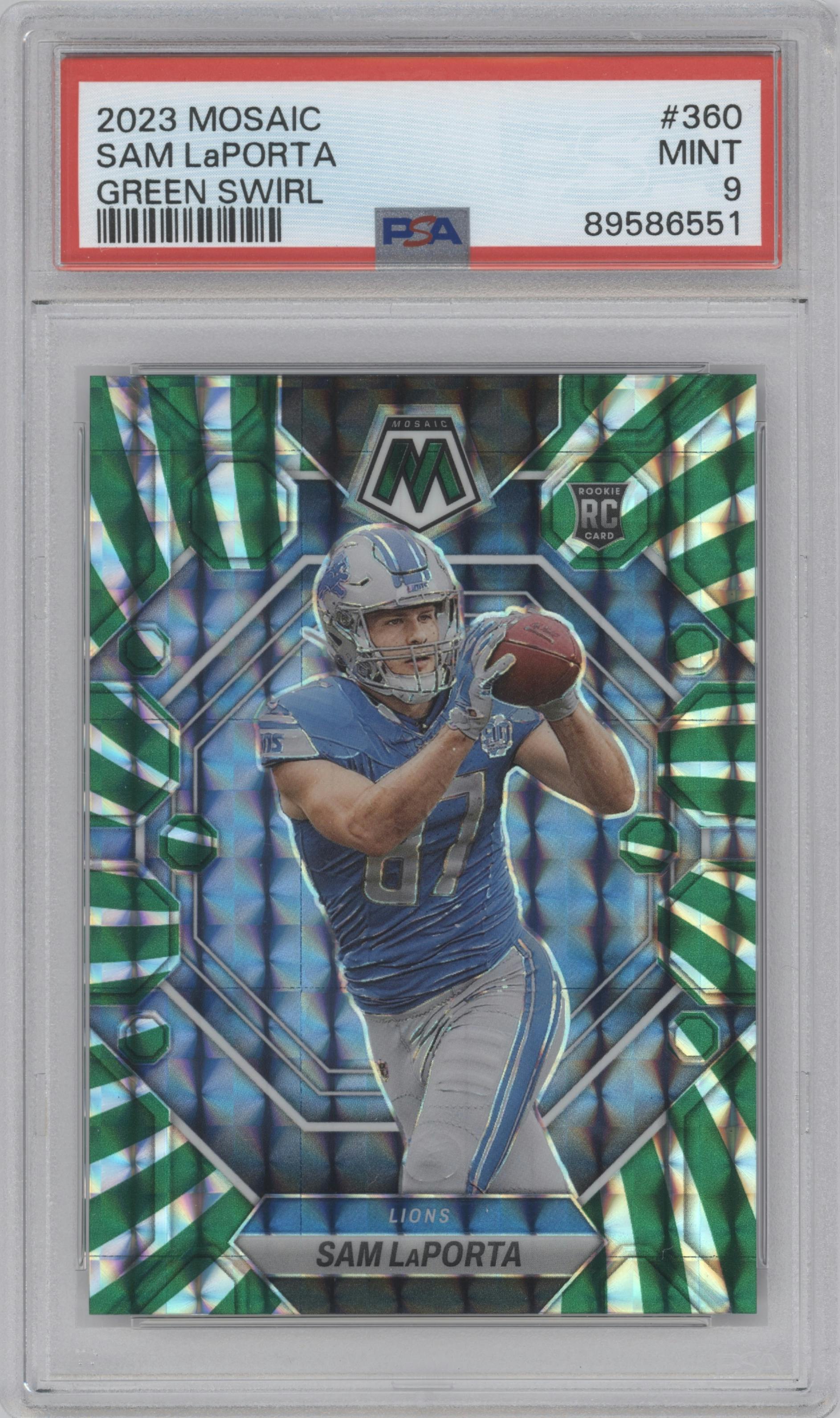 Sam LaPorta from the 2023 Panini Mosaic set featuring a Green Swirl Mosaic parallel graded by PSA and given an overall grade of 9.