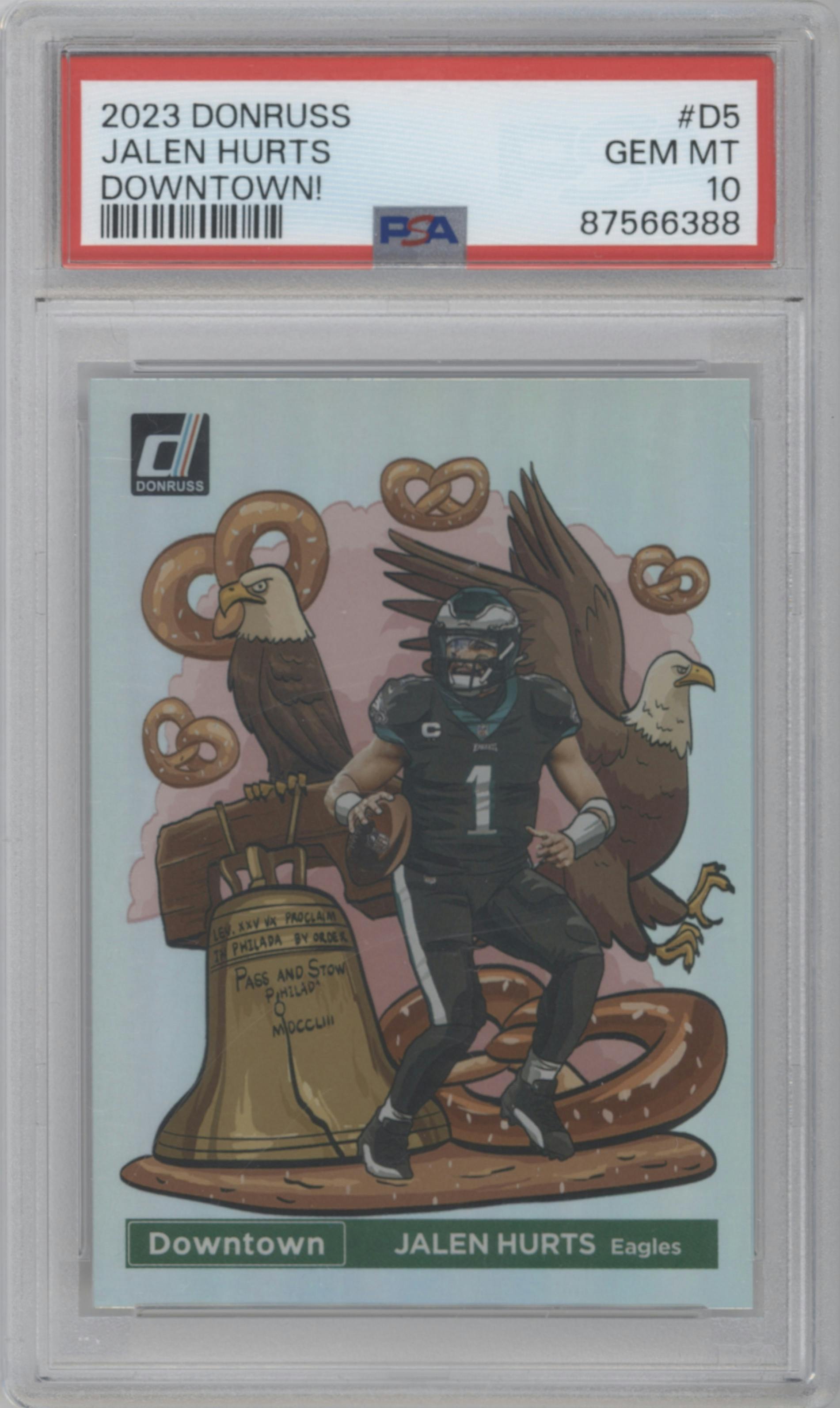 Jalen Hurts from the 2023 Panini Donruss set graded by PSA and given an overall grade of 10.