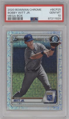 Bobby Witt Jr. from the 2020 Bowman Mega Box Chrome set graded by PSA and given an overall grade of 10.