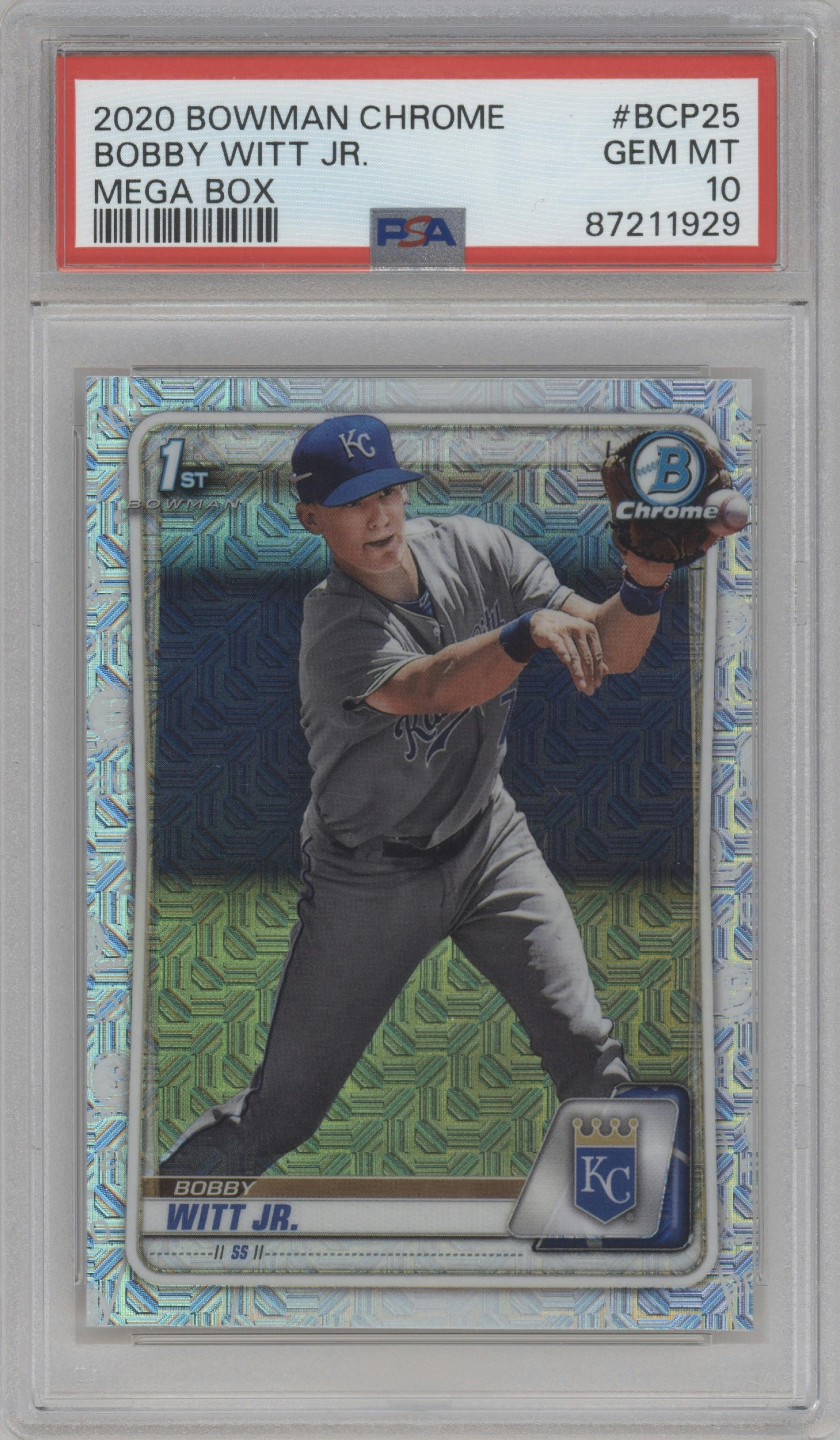 Bobby Witt Jr. from the 2020 Bowman Mega Box Chrome set graded by PSA and given an overall grade of 10.