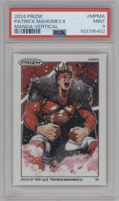 Patrick Mahomes II from the 2024 Panini Prizm set graded by PSA and given an overall grade of 9.