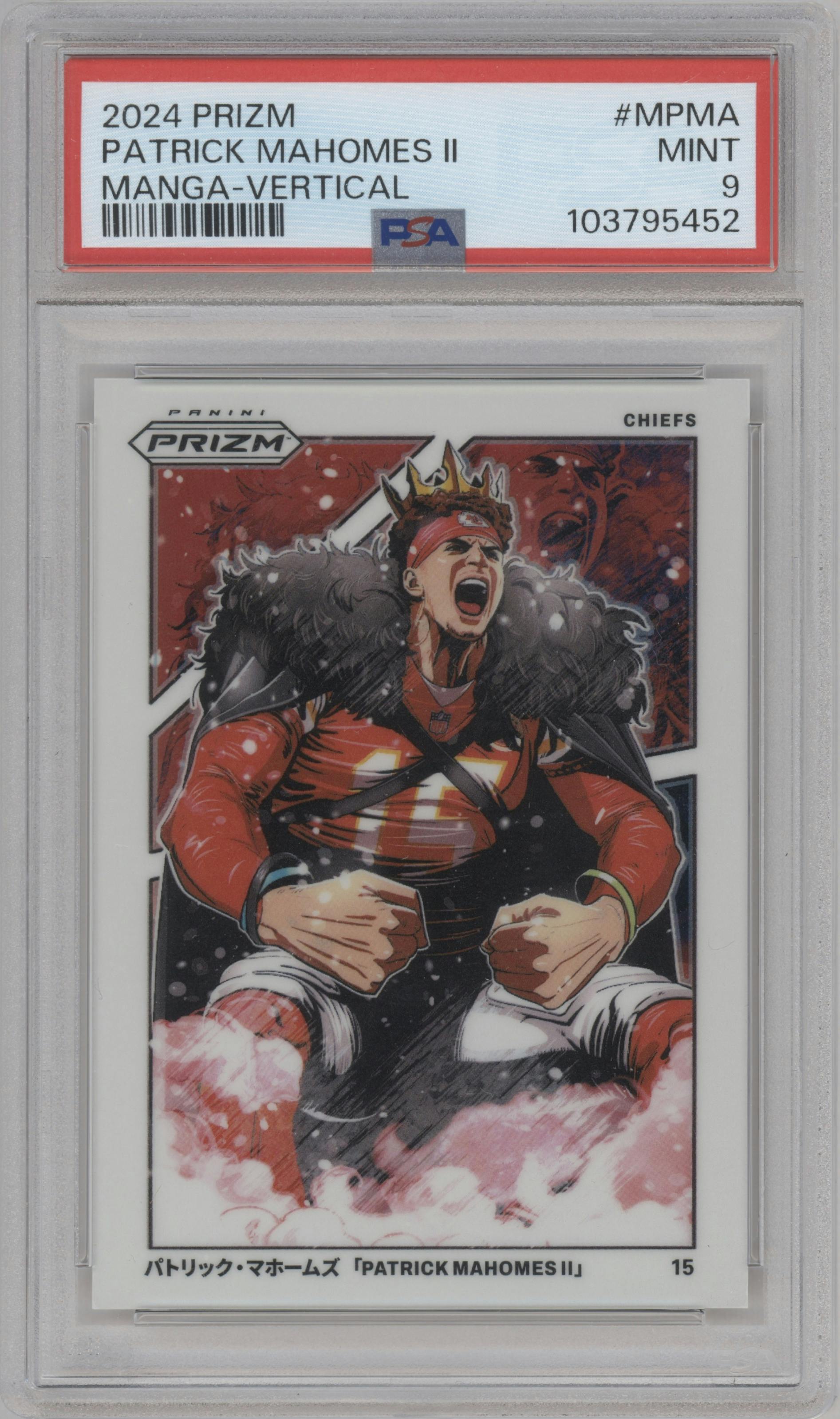 Patrick Mahomes II from the 2024 Panini Prizm set graded by PSA and given an overall grade of 9.