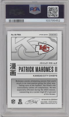 Patrick Mahomes II from the 2024 Panini Prizm set graded by PSA and given an overall grade of 9.