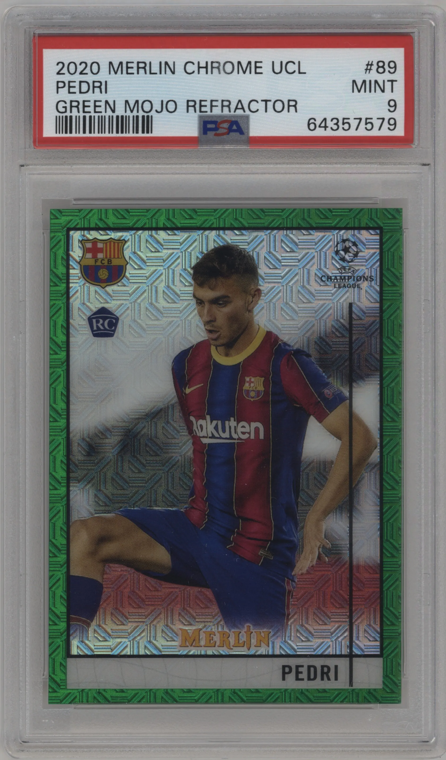 2020 Topps Chrome Merlin UEFA Pedri Green Mojo Refractor #89 PSA 9