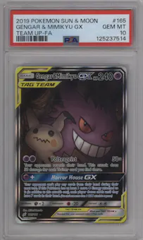 Gengar & Mimikyu GX from the 2019 Pokemon S&M  set graded by PSA and given an overall grade of 10.