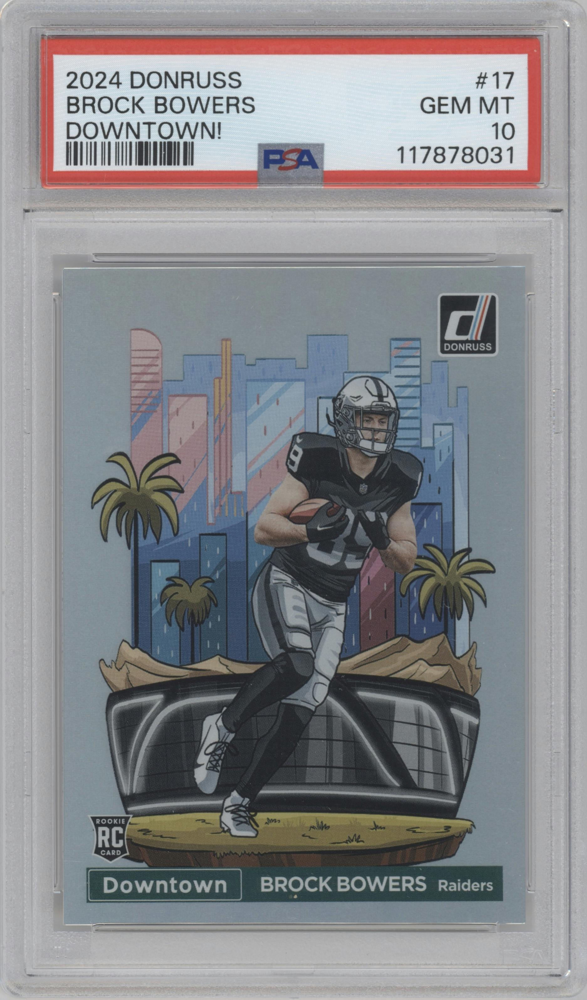 Brock Bowers from the 2024 Donruss set graded by PSA and given an overall grade of 10.
