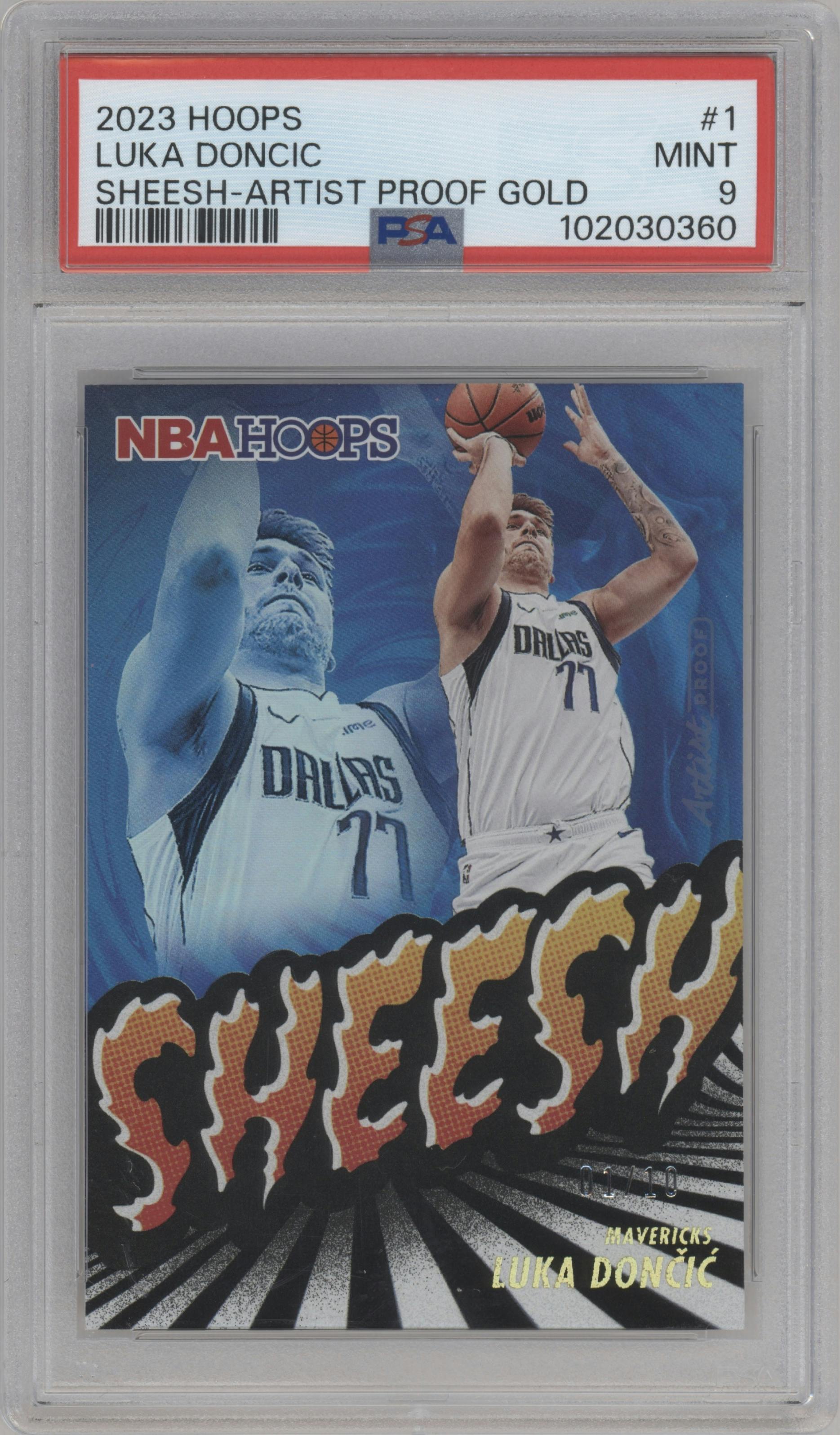 Luka Doncic from the 2023-24 Panini NBA Hoops set featuring a Artist Proof Gold parallel graded by PSA and given an overall grade of 9.
