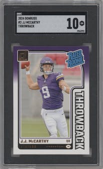 J.J. McCarthy from the 2024 Donruss set graded by SGC and given an overall grade of 10.