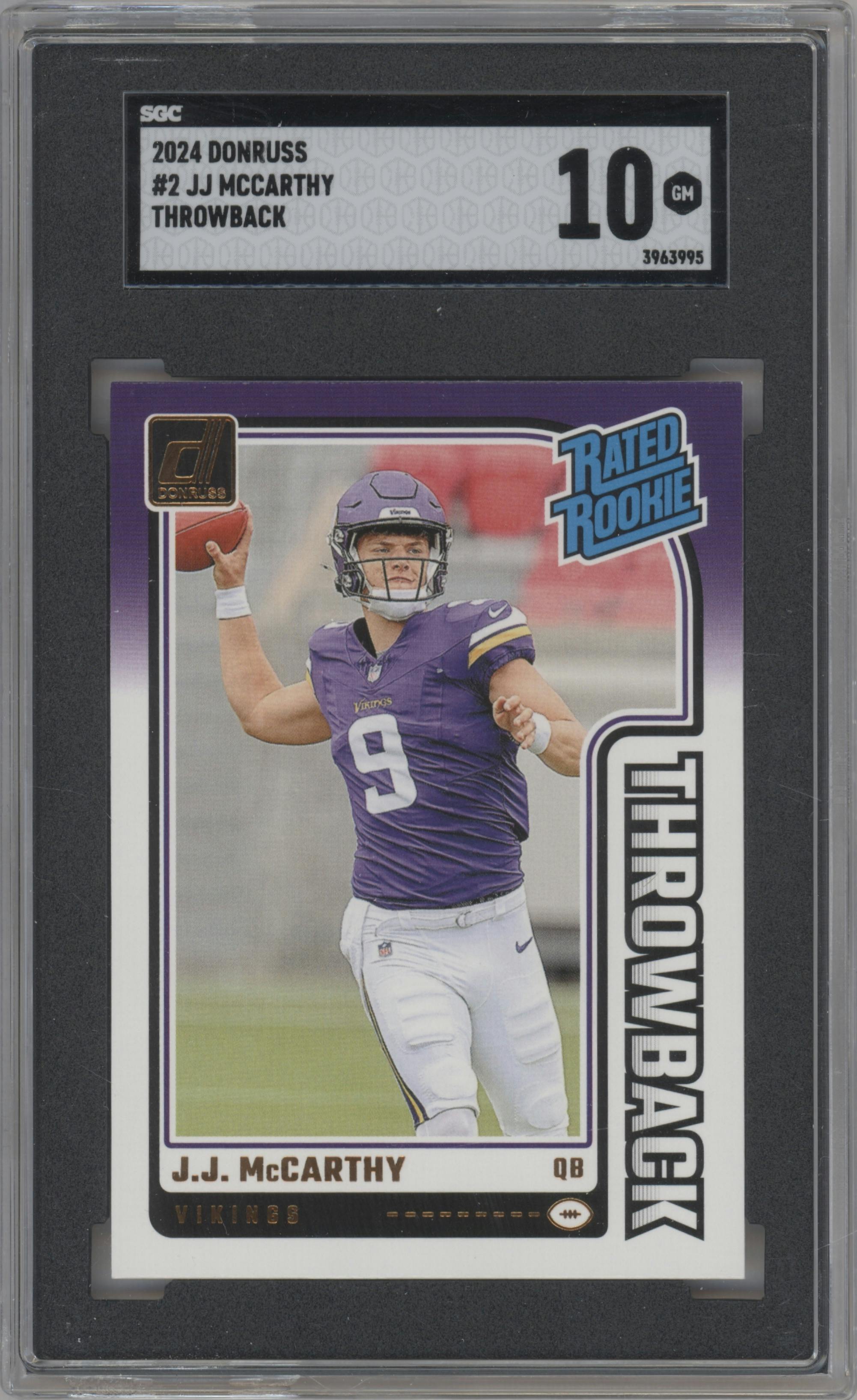 J.J. McCarthy from the 2024 Donruss set graded by SGC and given an overall grade of 10.