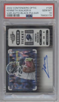 Kenneth Walker III from the 2022 Panini Contenders Optic set featuring a Black Pulsar parallel graded by PSA and given an overall grade of 10.