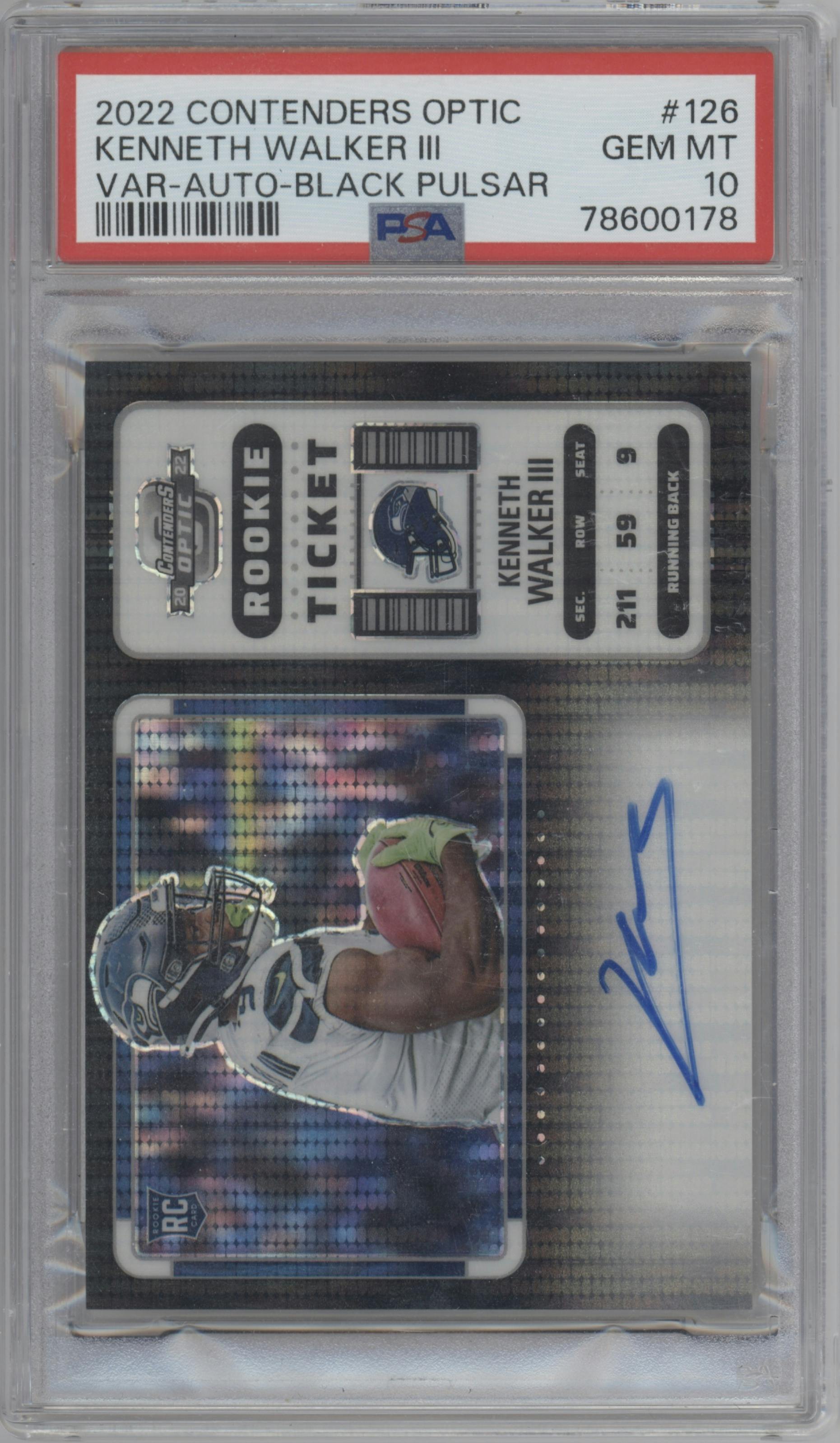 Kenneth Walker III from the 2022 Panini Contenders Optic set featuring a Black Pulsar parallel graded by PSA and given an overall grade of 10.