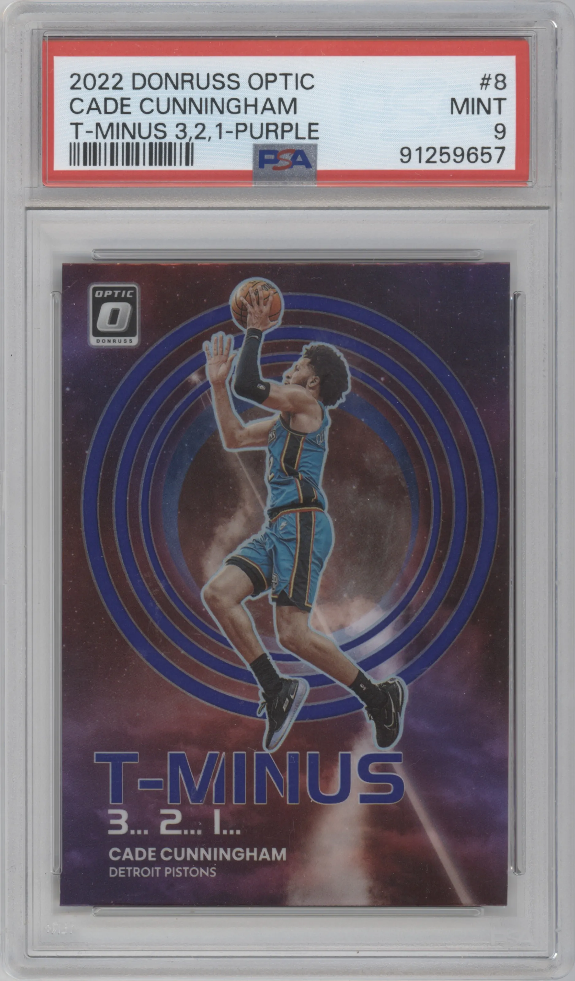2022 Panini Donruss Optic T-Minus 3...2...1... Cade Cunningham Purple PSA 9