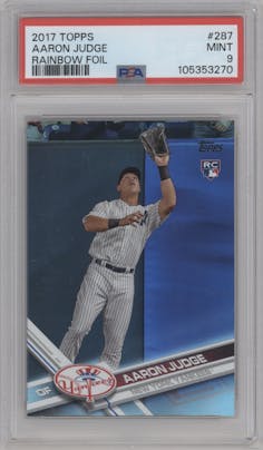 Aaron Judge from the 2017 Topps Series 1 set featuring a Rainbow Foil parallel graded by PSA and given an overall grade of 9.