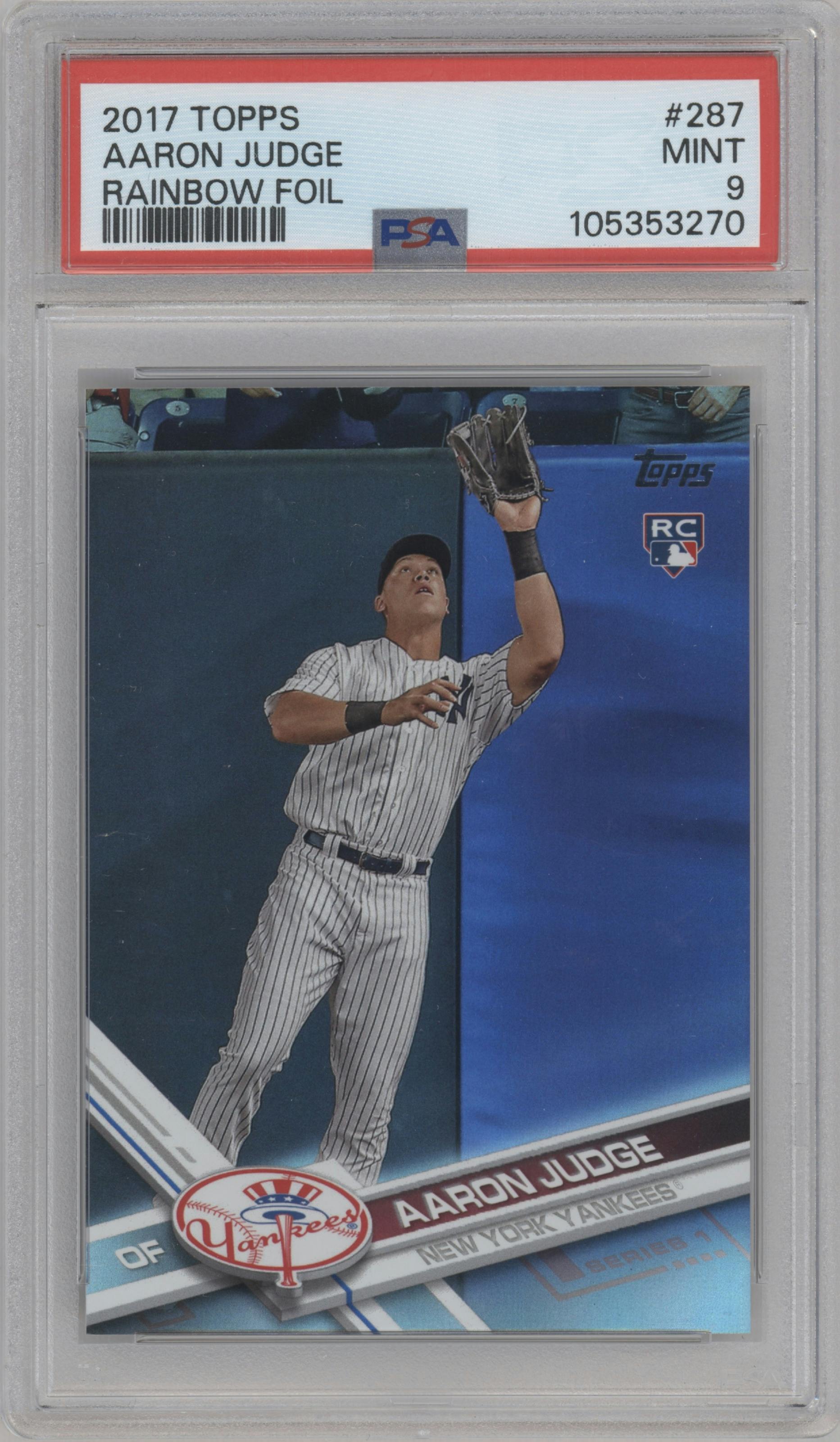 Aaron Judge from the 2017 Topps Series 1 set featuring a Rainbow Foil parallel graded by PSA and given an overall grade of 9.