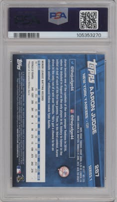 Aaron Judge from the 2017 Topps Series 1 set featuring a Rainbow Foil parallel graded by PSA and given an overall grade of 9.