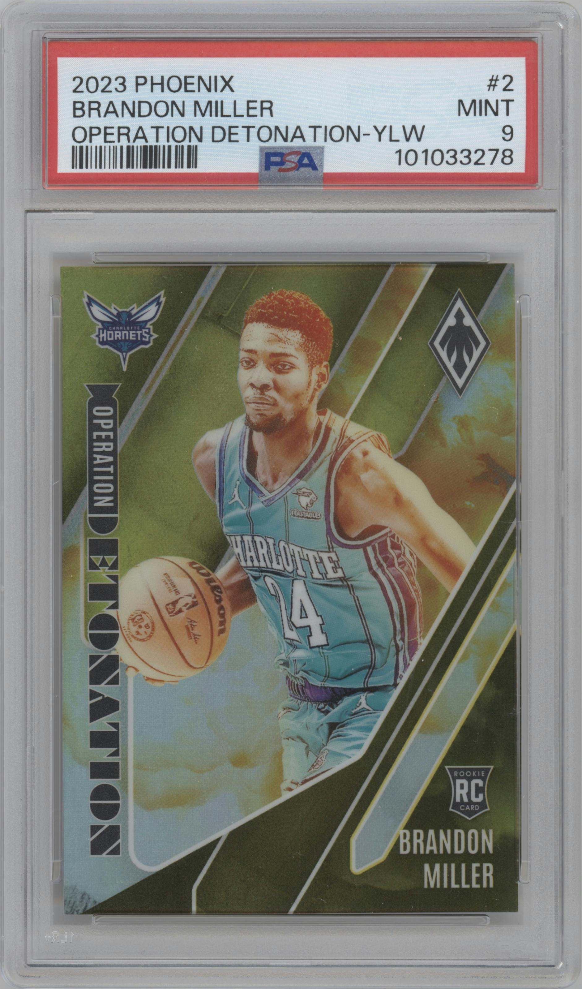 Brandon Miller from the 2023-24 Panini Phoenix set featuring a Yellow parallel graded by PSA and given an overall grade of 9.