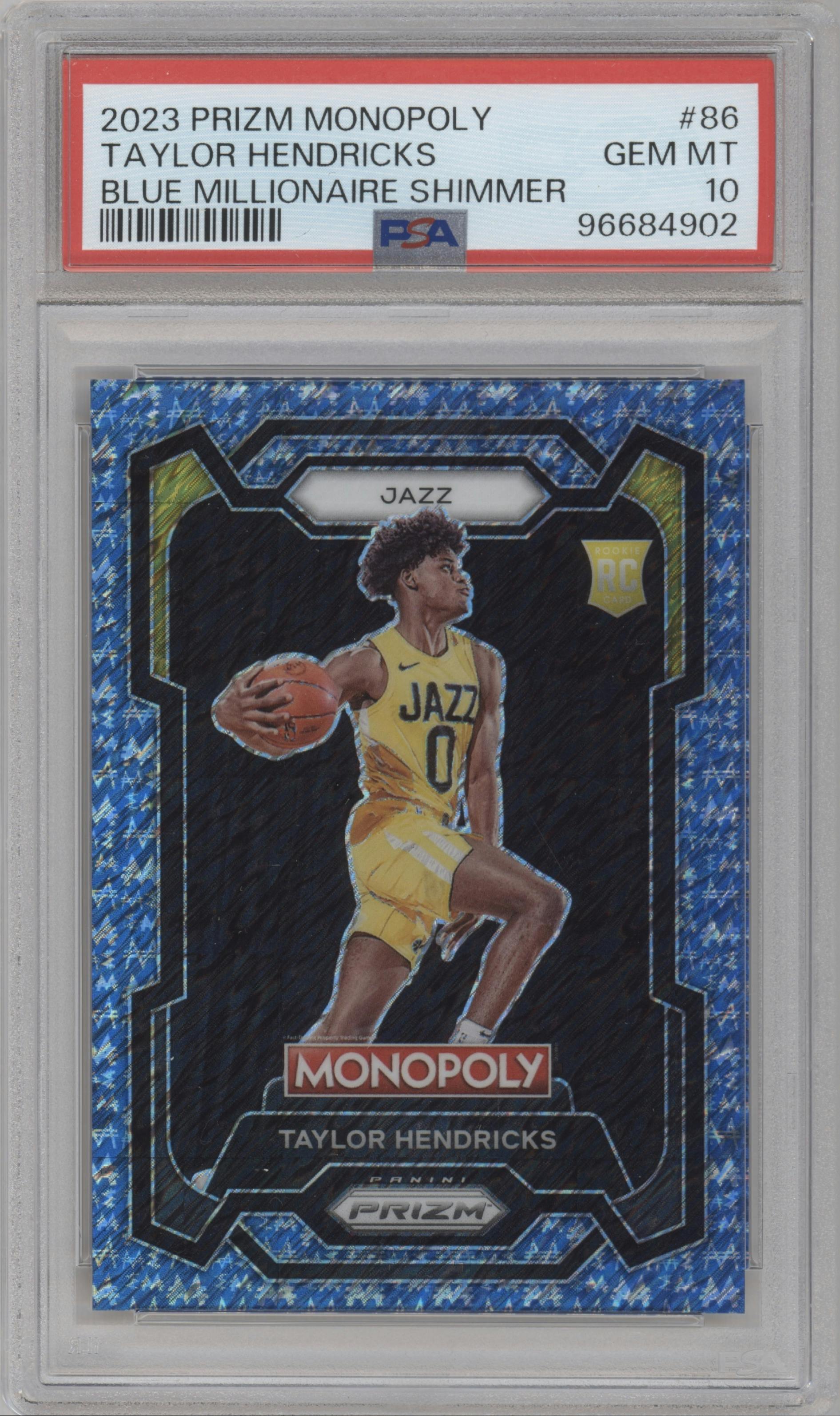 Taylor Hendricks from the 2023-24 Panini Prizm Monopoly set featuring a Blue Millionaire Shimmer parallel graded by PSA and given an overall grade of 10.