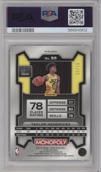 Taylor Hendricks from the 2023-24 Panini Prizm Monopoly set featuring a Blue Millionaire Shimmer parallel graded by PSA and given an overall grade of 10.