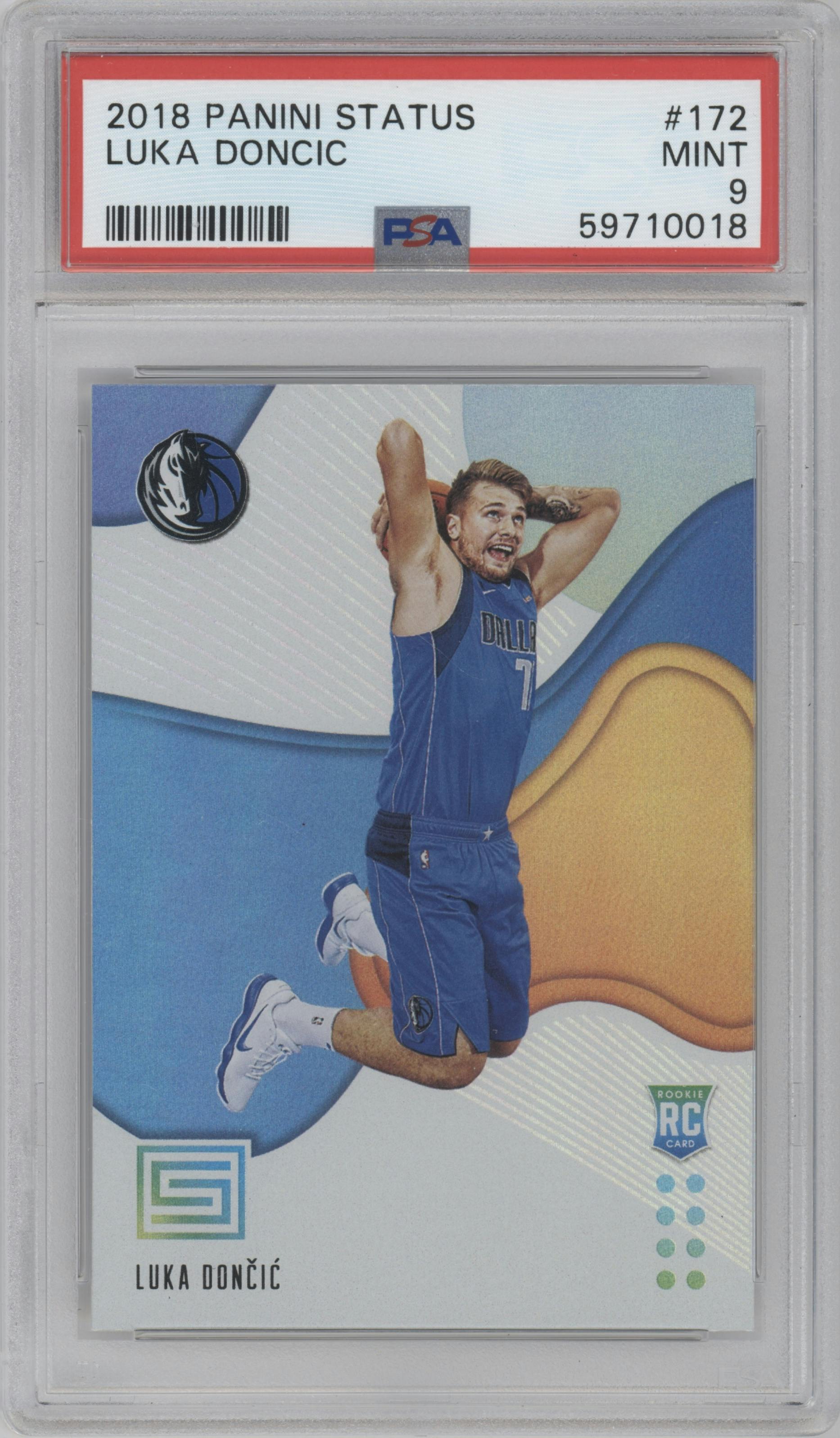 Luka Doncic from the 2018-19 Panini Status set graded by PSA and given an overall grade of 9.