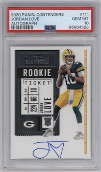 Jordan Love from the 2020 Panini Contenders set graded by PSA and given an overall grade of 10.