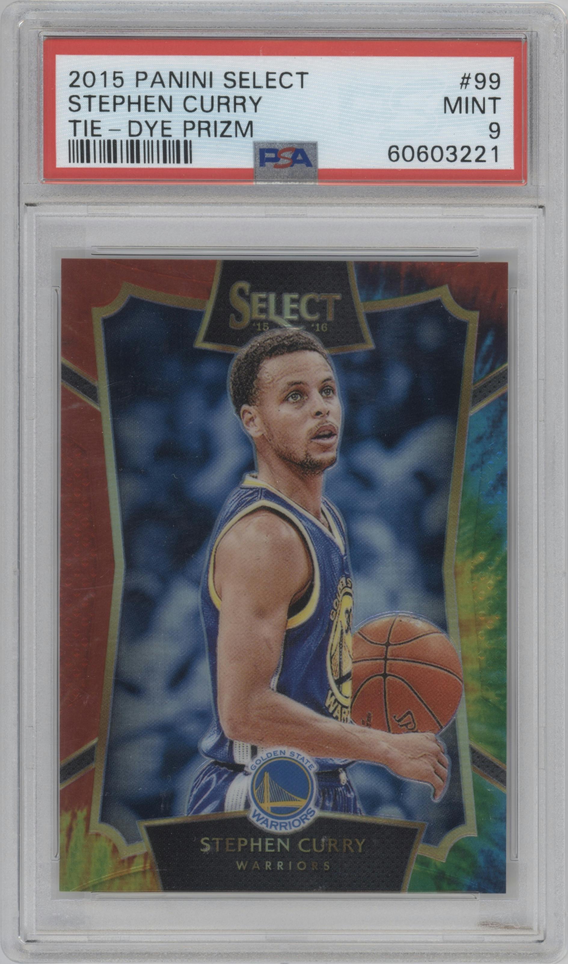 Stephen Curry from the 2015-16 Panini Select  set featuring a Tie-Dye parallel graded by PSA and given an overall grade of 9.